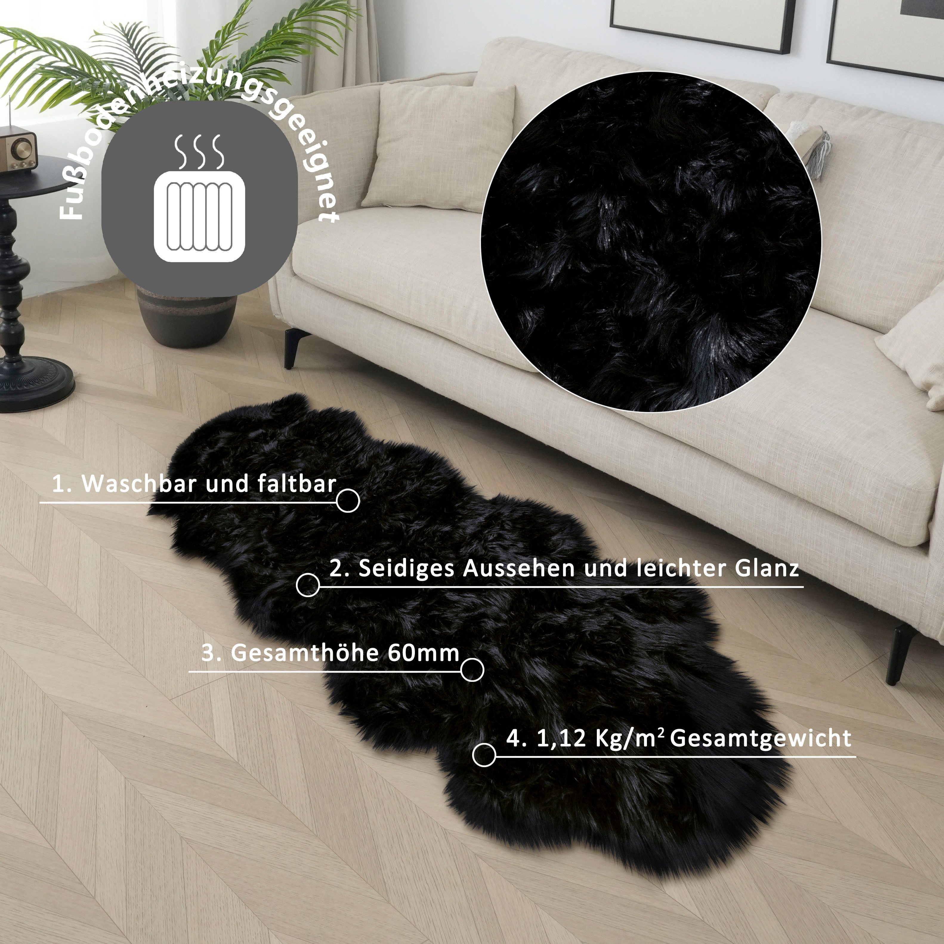 my home Hoogpolig vloerkleed Kalua, verschillende vormen Imitatiebont, zacht, unikleuren, woonkamer, slaapkamer, eetkamer