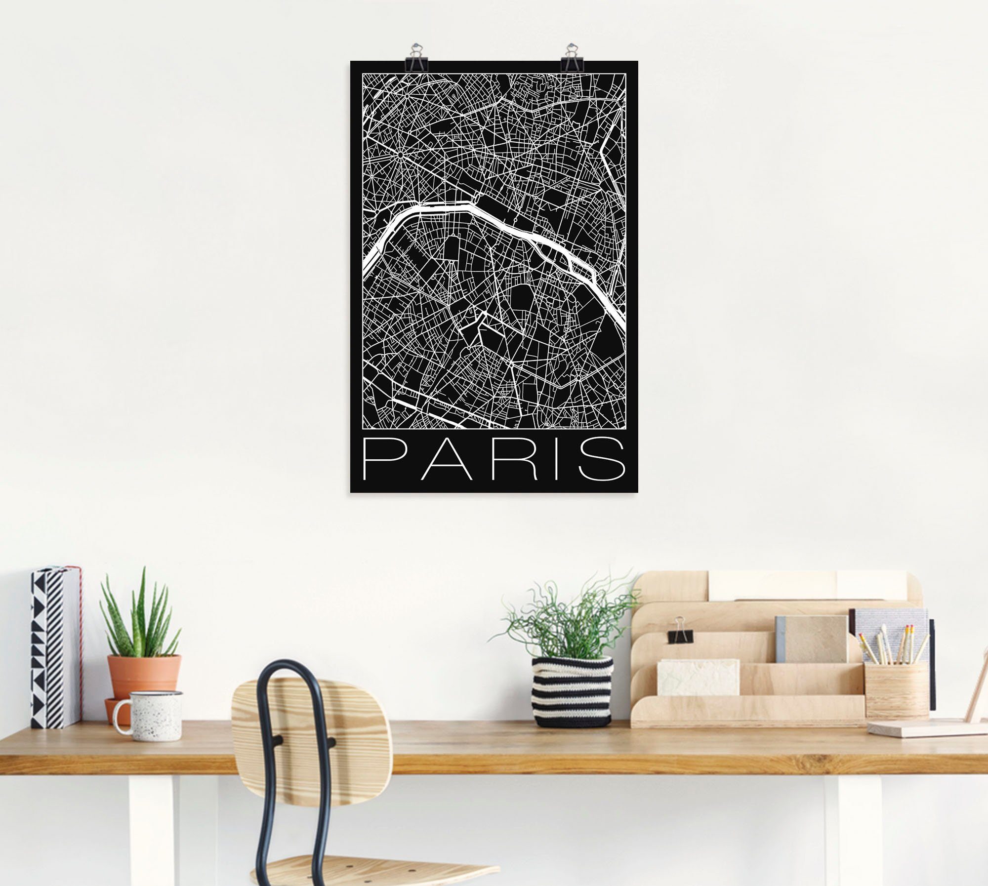 Artland Poster Retro kaart Parijs Frankrijk zwart als artprint van aluminium, artprint op linnen, muursticker of poster in verschillende maten