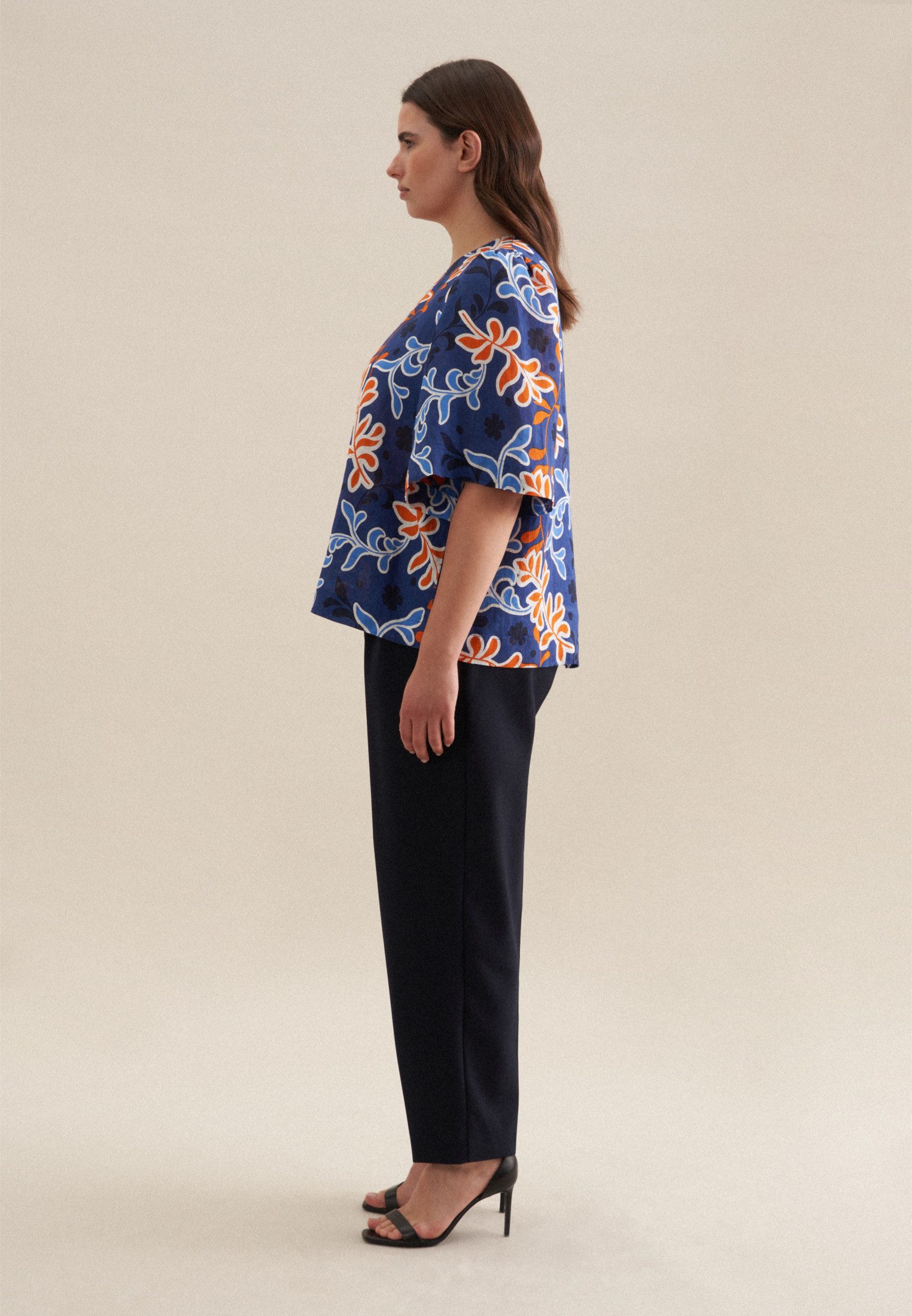 seidensticker Shirtblouse Zwarte roos Korte mouwen ronde hals print