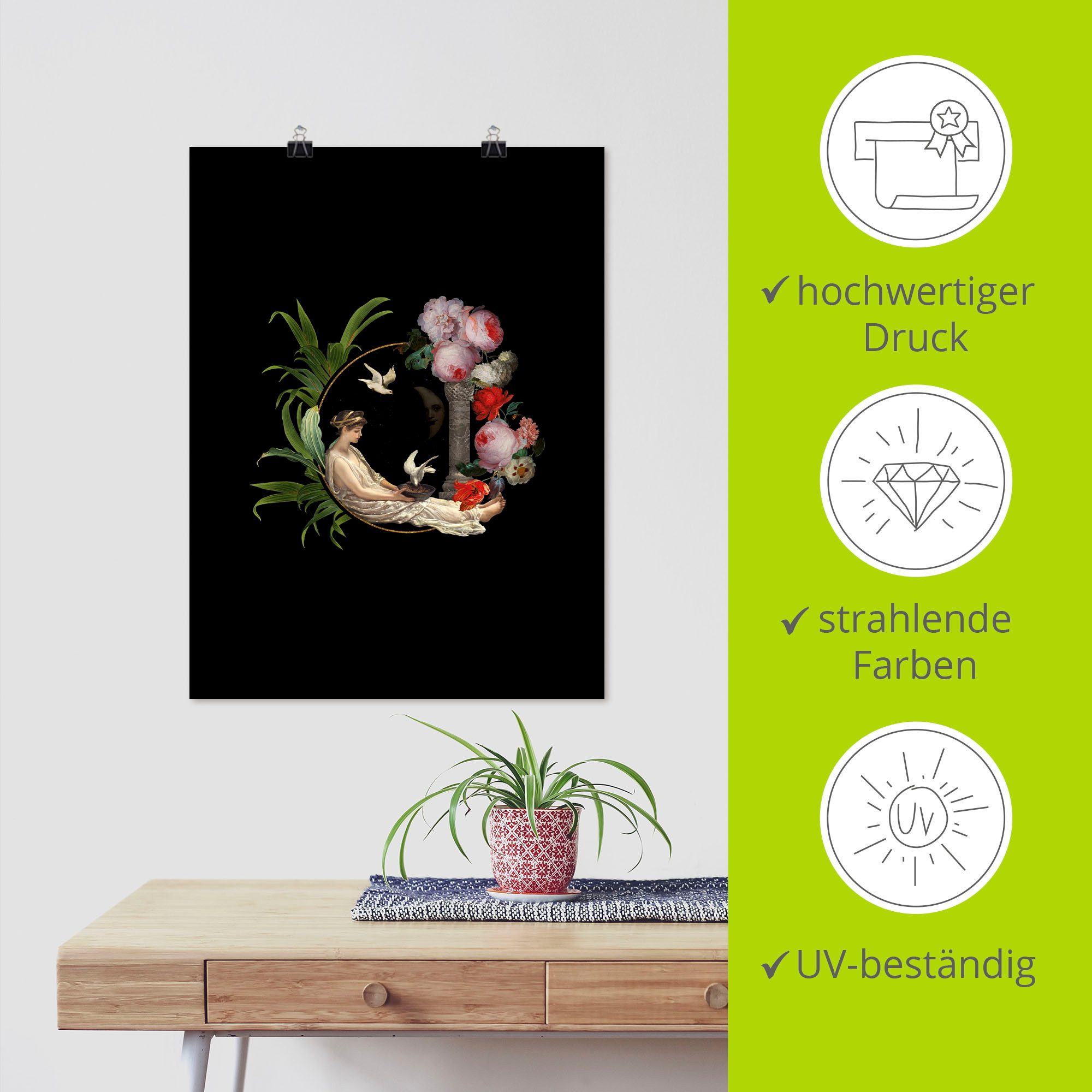 Artland Poster Vintage dame met duif als artprint van aluminium, artprint op linnen, muursticker of poster in verschillende maten