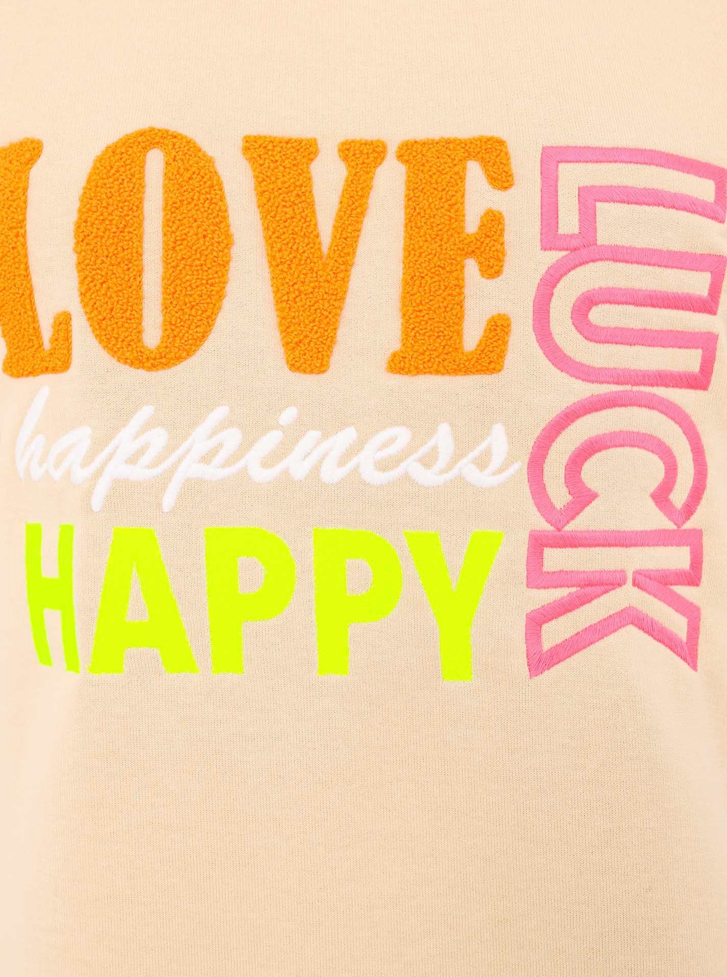 Zwillingsherz Sweater Love Luck Happy met used-look randen en vrolijke borduursel
