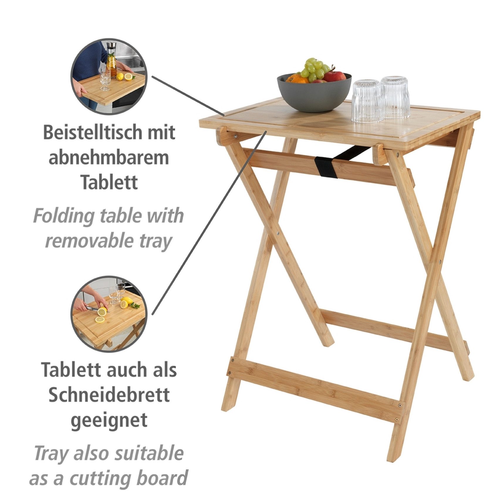 WENKO Klaptafel Model Lugo Bijzettafel met snijplank en afneembare dienblad, bamboe