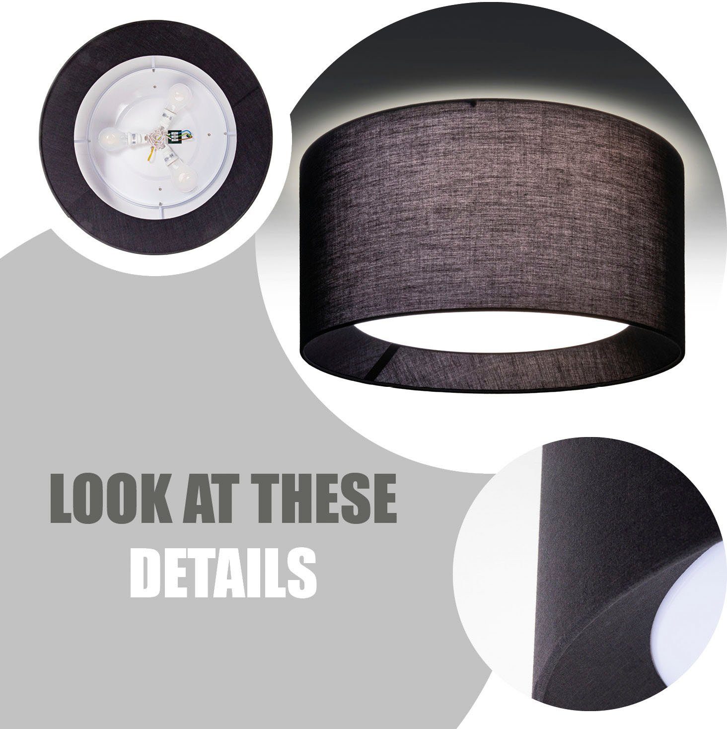 Paco Home Plafondlamp Om Rond kantoor textielkap 3 x E27 modern gesloten uni