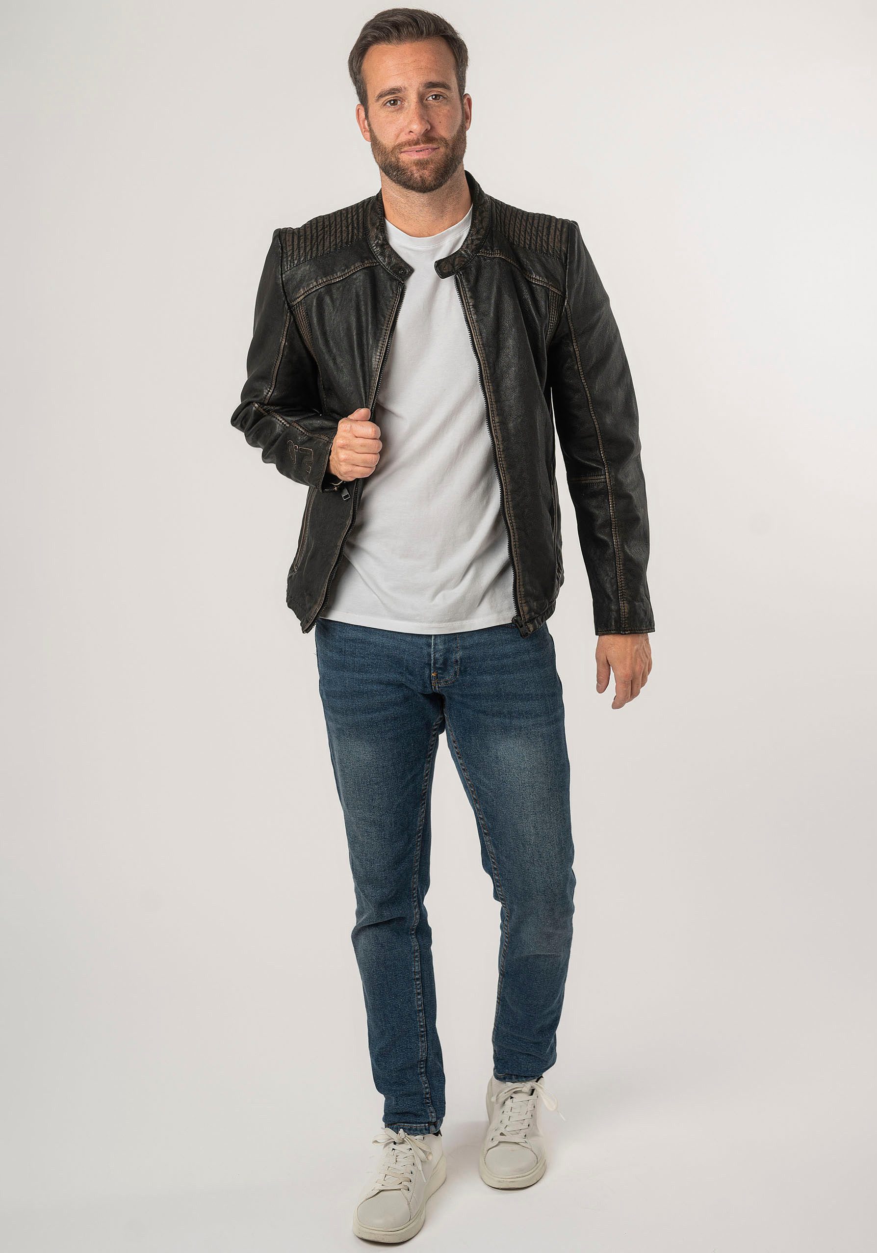 Mauritius Leren jack 2Mgoji SF met markante siernaden, sierstepping, antieke look, rits