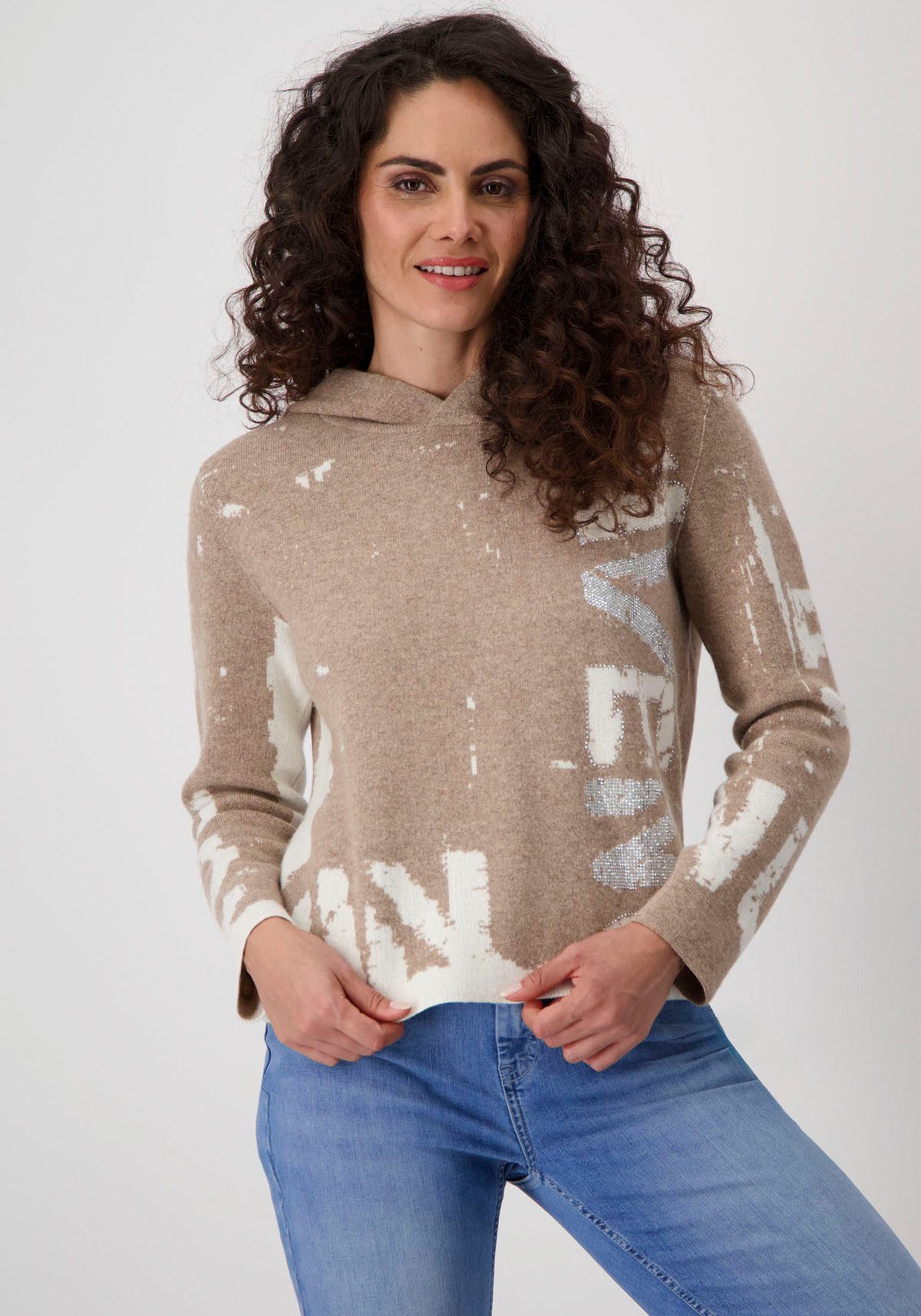 Monari Gebreide trui Pullover Jacquard Schrift