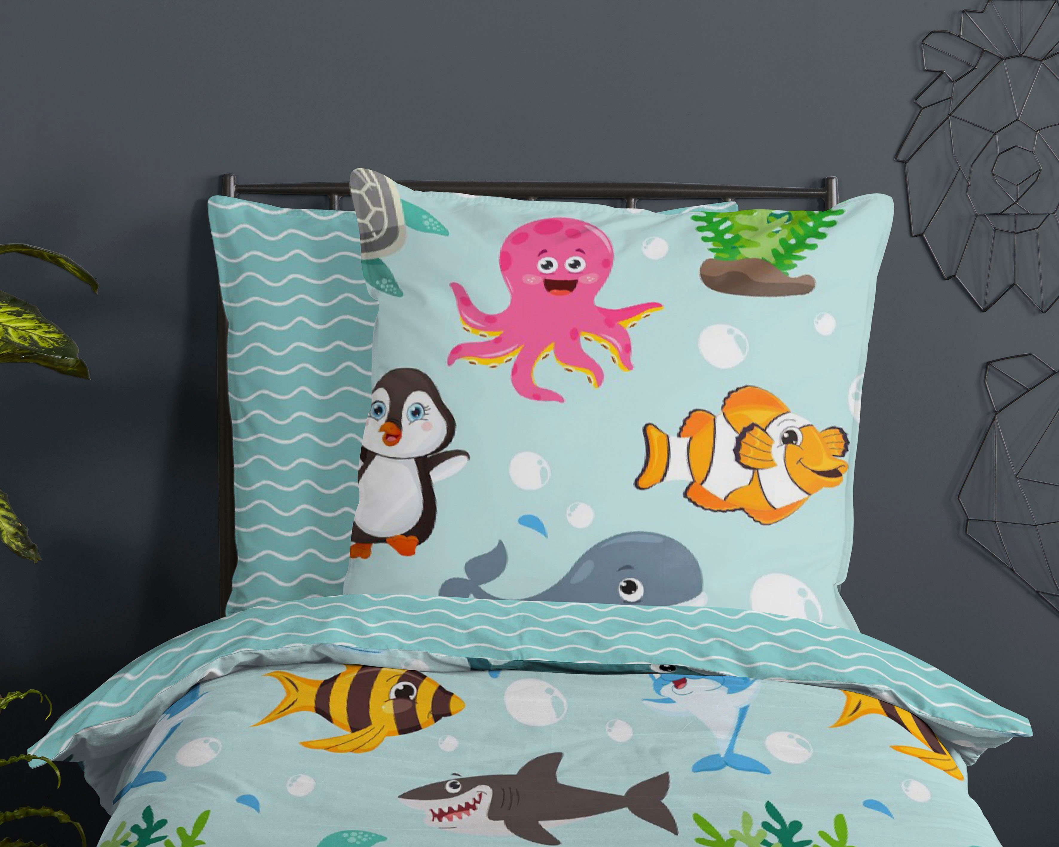 good morning Kinderovertrekset Sea Katoen, 135x200, Rits, Omkeerbaar, Kind, Zee, Dier, Turquoise (2-delig)