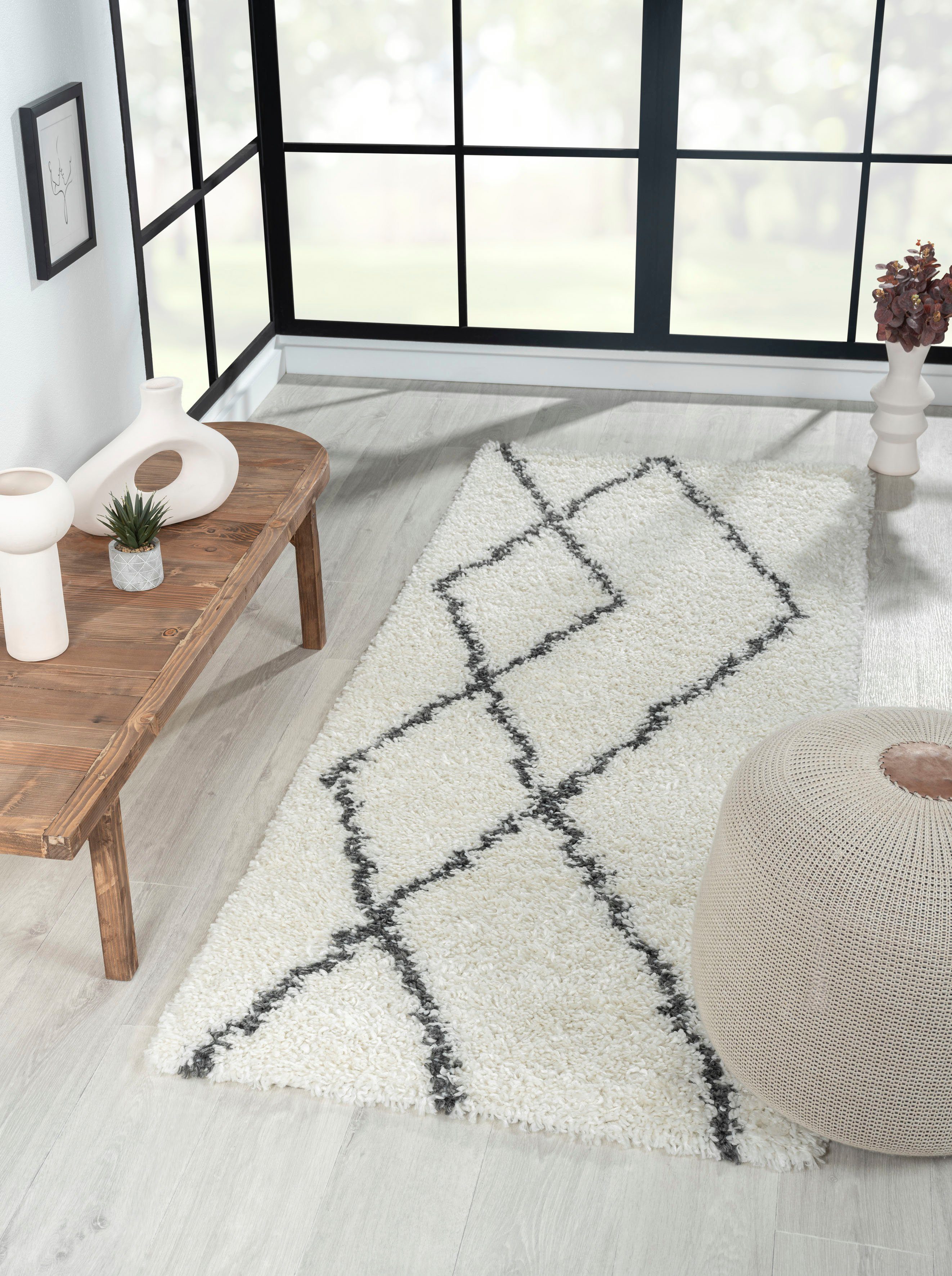 Myflair Möbel & Accessoires Hoogpolig vloerkleed My Shaggy Raute Shaggy, Scandi ruiten ontwerp, licht glanzend, extra fluffy