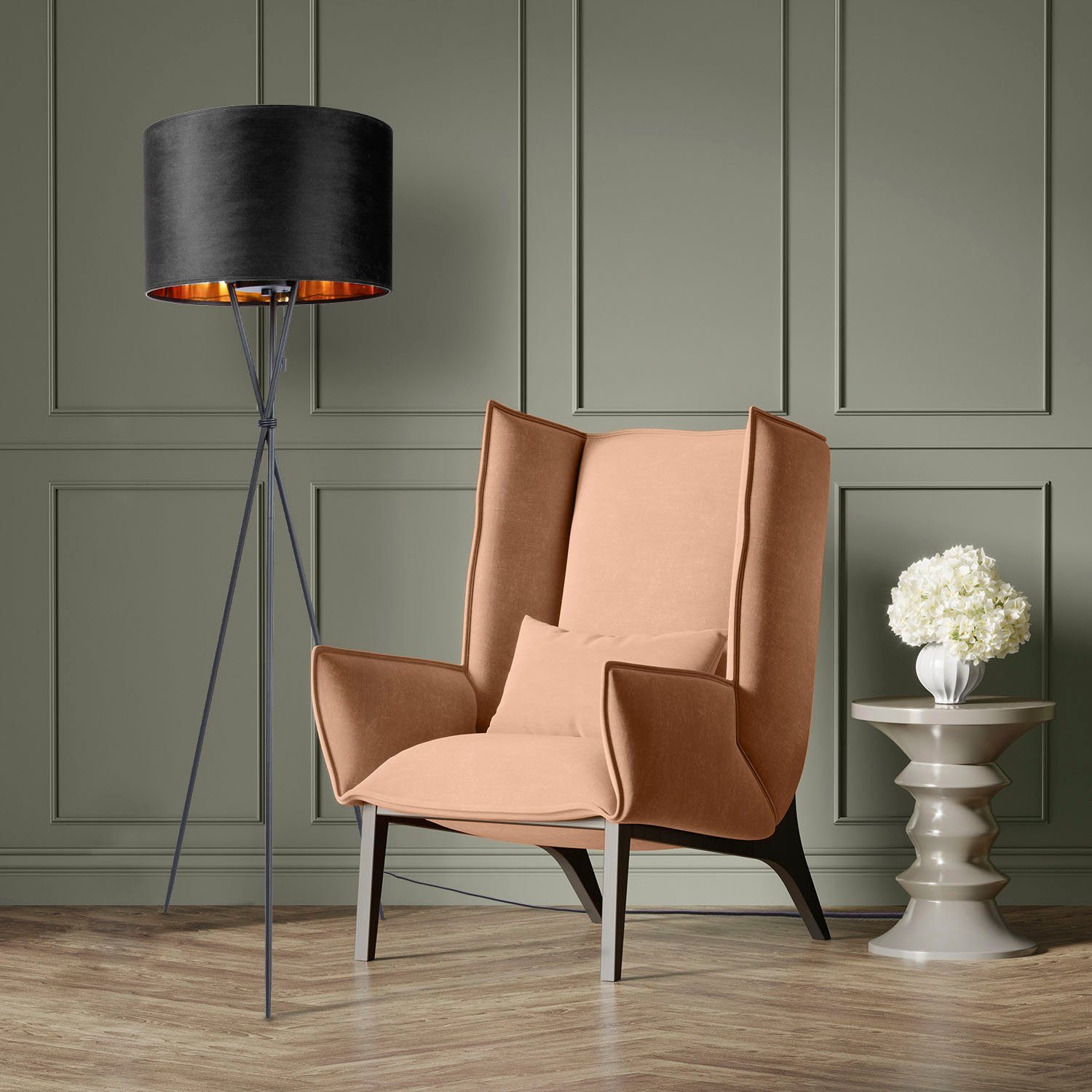 Paco Home Staande lamp Kate uni kleur Woonkamer driepoot vloerlamp velours hoogte 177,5cm filigraan E27