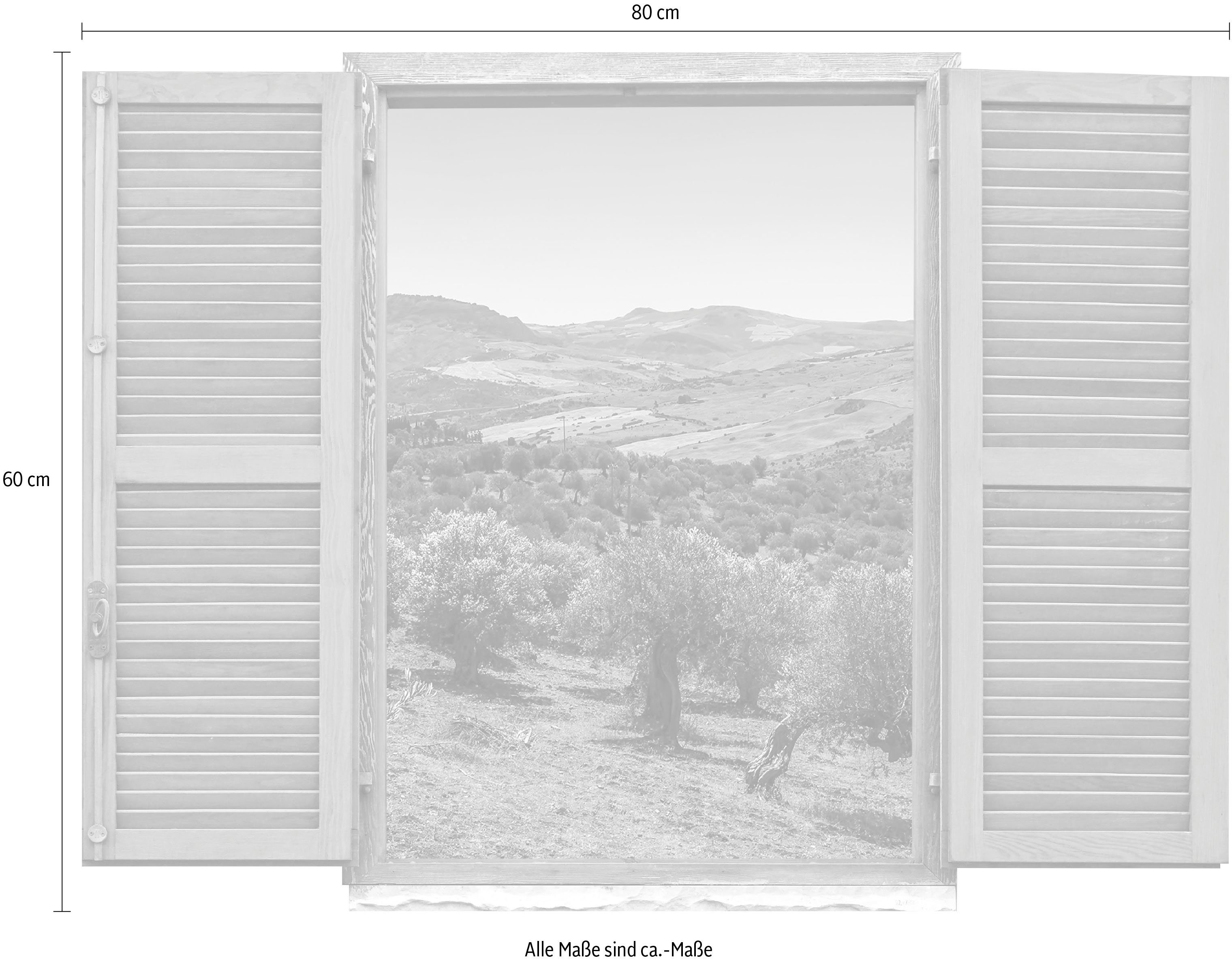 queence Wandfolie Landschap van olijfboomgaarden Muursticker, muurdecoratie, zelfklevend, 3D, raam (1 stuk)