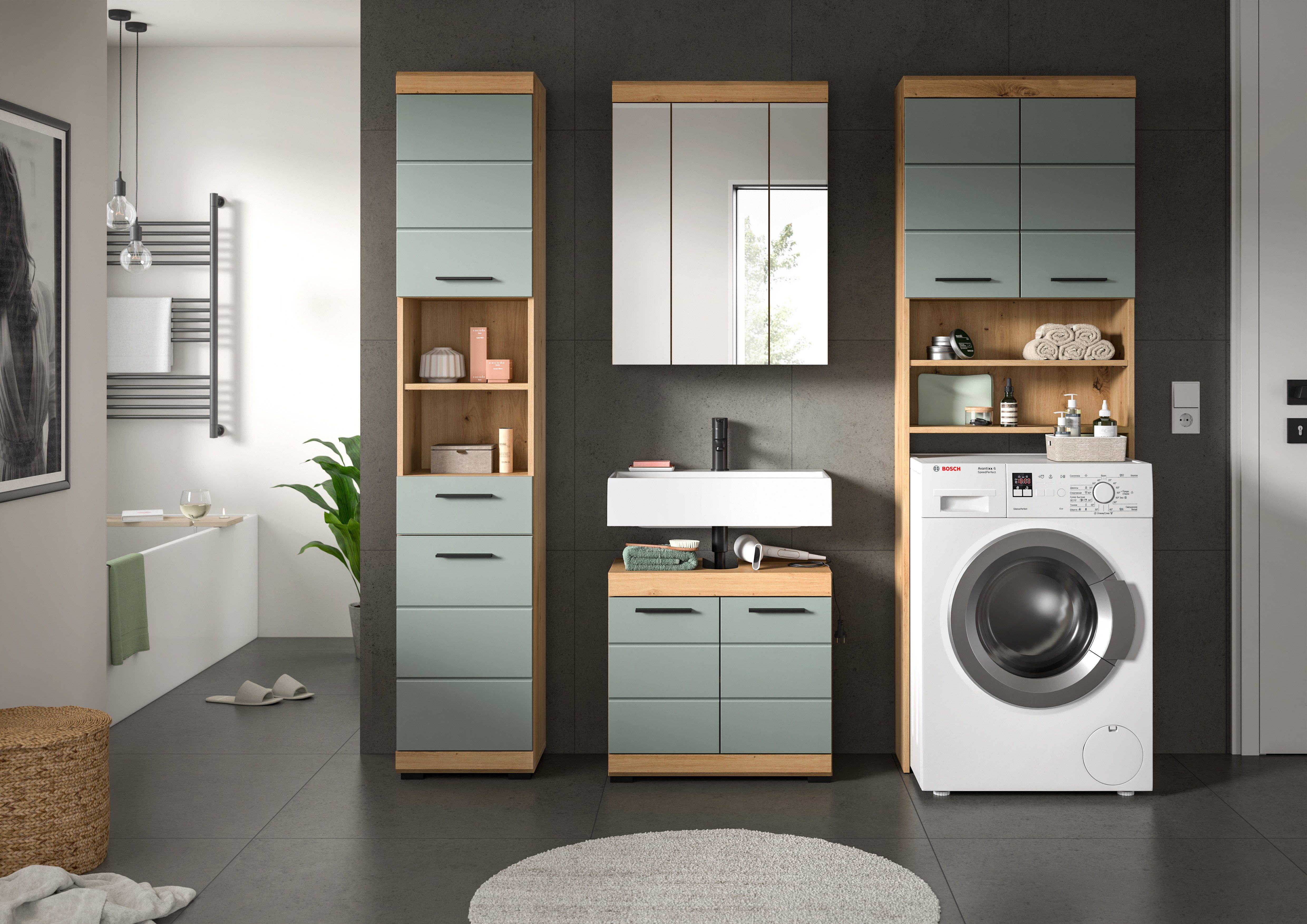INOSIGN Badkamerserie Siena, 4-delig, bestaande uit: Hoge kast, WBU, spiegelkast, wasmachine ombouwkast (set, 4-delig)