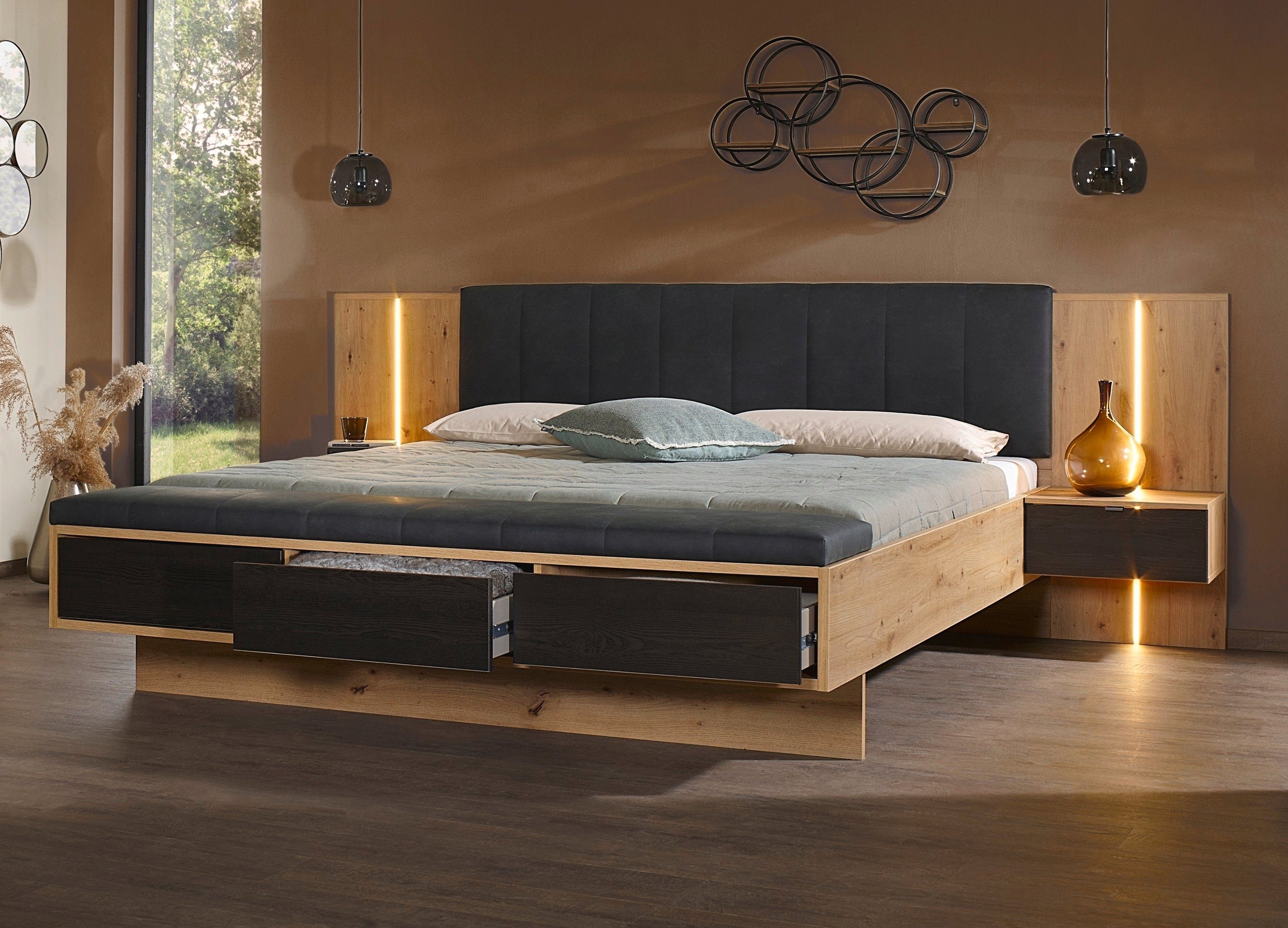 rauch Ledikant Bed Tweepersoons Futonbed APOLLON 2 hang-nachttafels, panelen met verlichting made in germany (set, 5-delig)