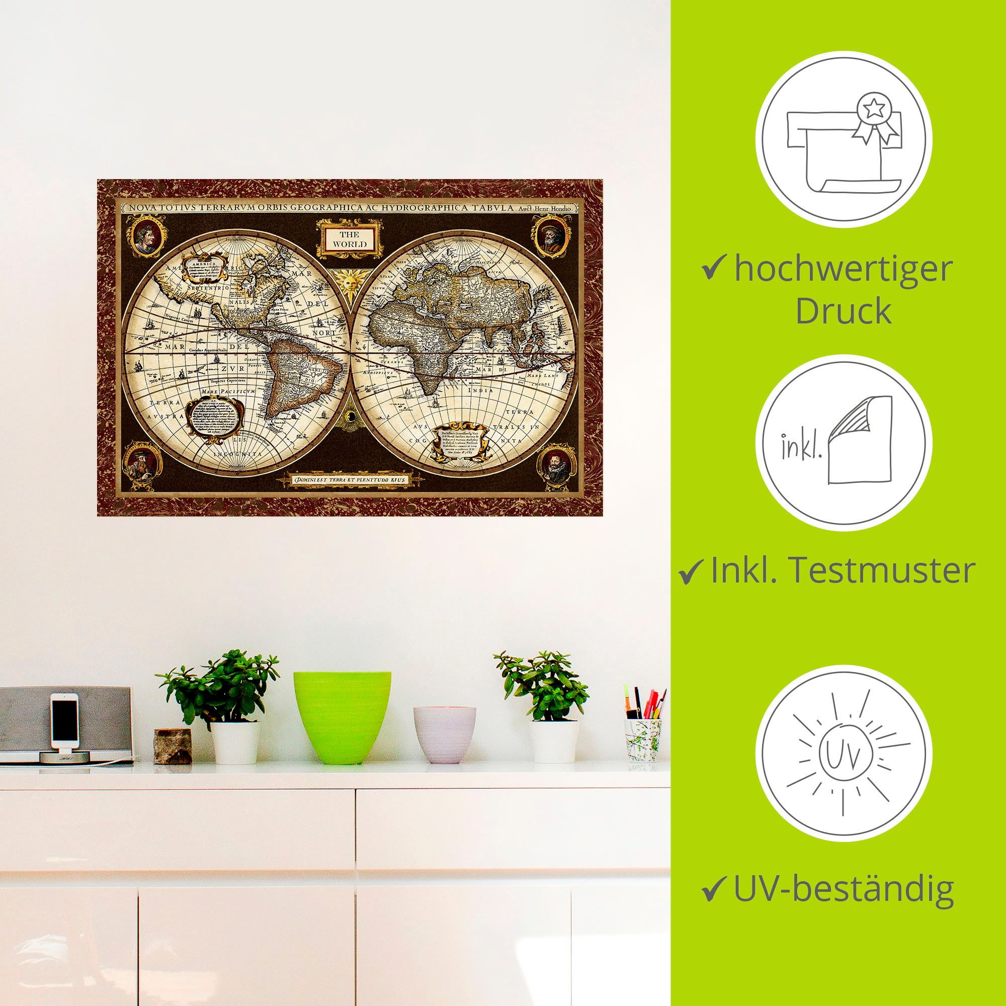 Artland Artprint Wereldkaart als artprint van aluminium, artprint voor buiten, artprint op linnen, poster, muursticker