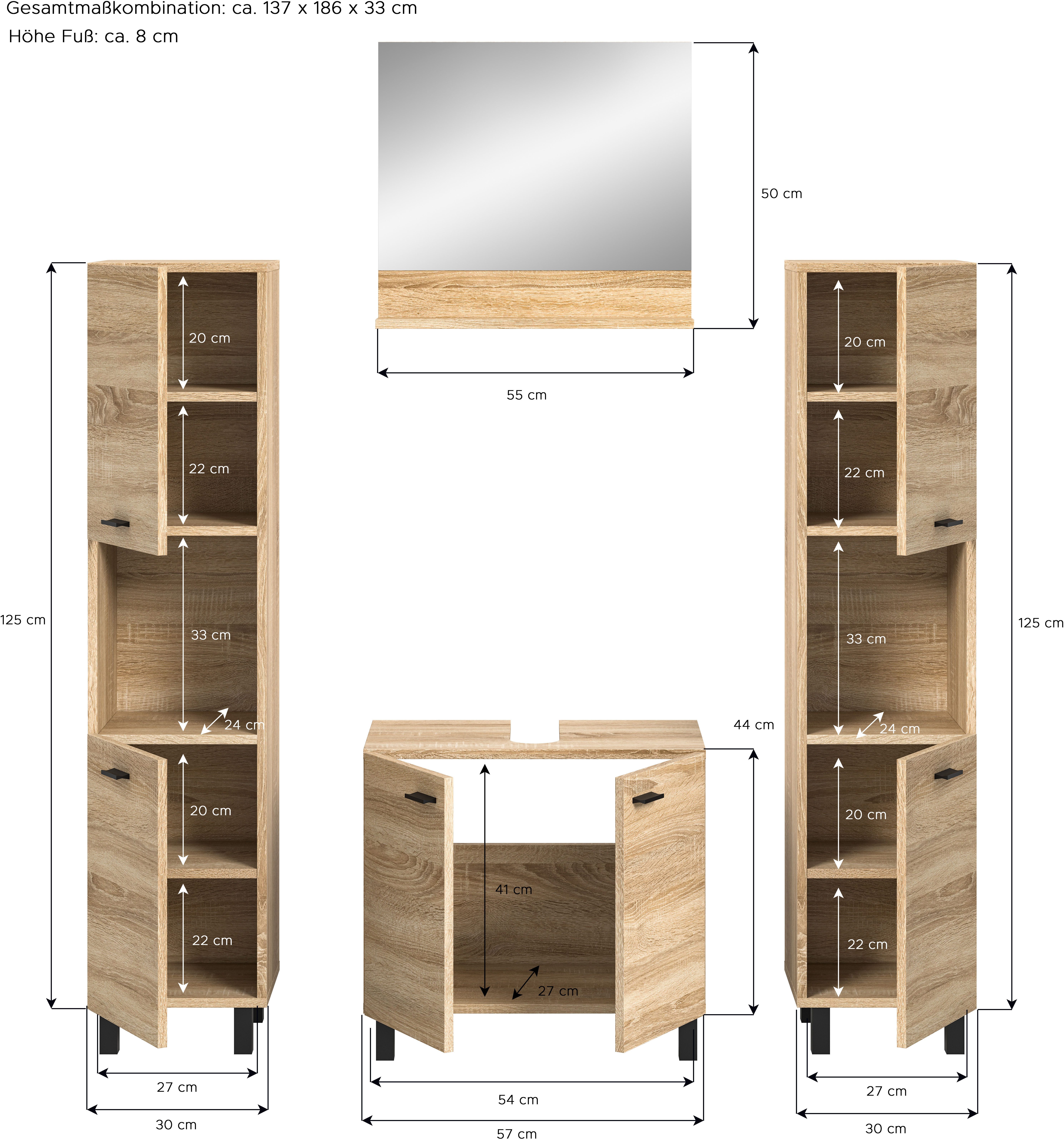 welltime Badmeubelset Tampa, breedte 137cm, 4-delig Wastafelonderkast, spiegel, hoge kast (4 stuks)