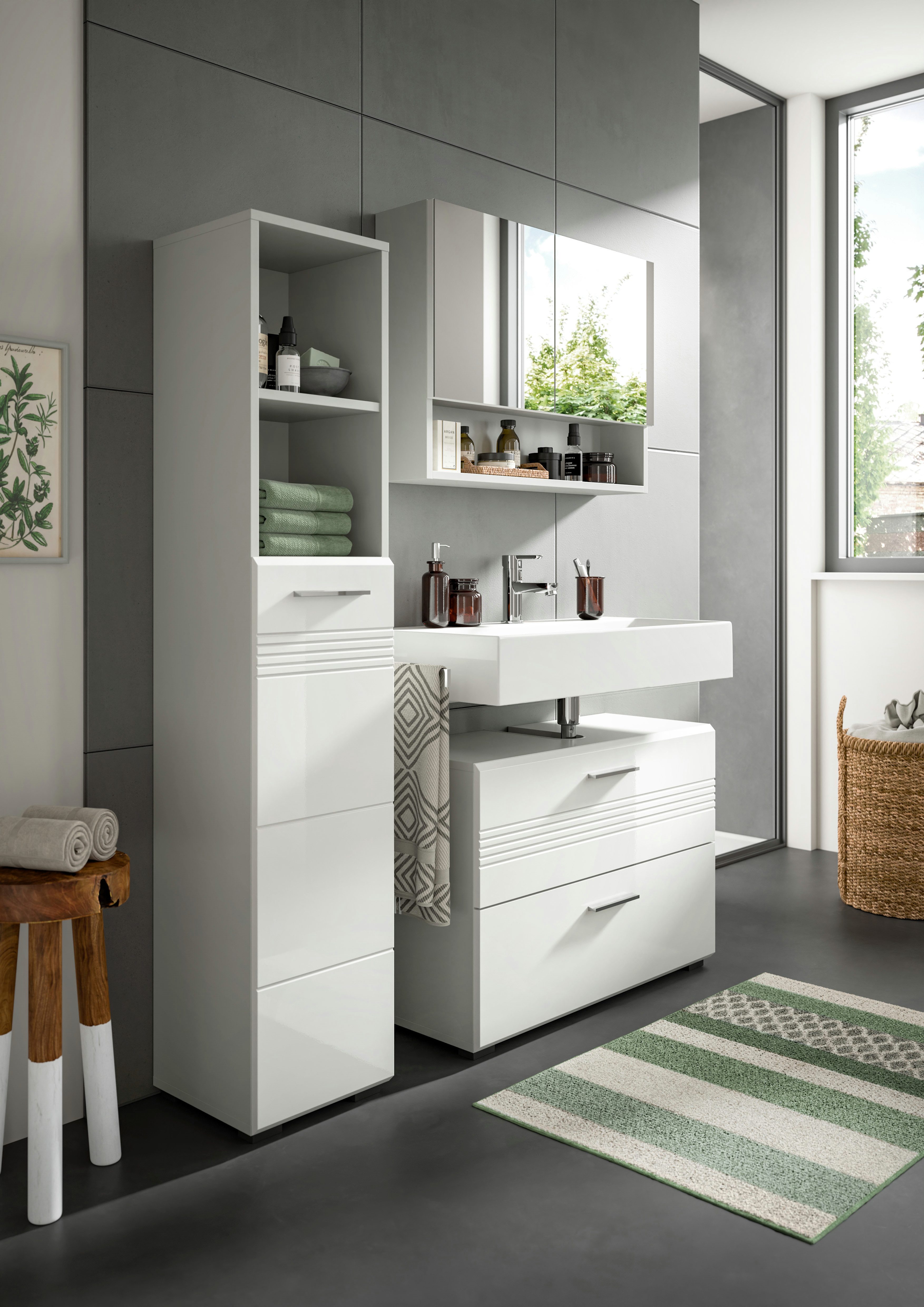 welltime Hoge kast Calcio, hoogte 150 cm, 1 deur, 2 open vakken, 3 planken Deuraanslag verwisselbaar, MDF front, badkamerkast, badkamermeubels, badkamer