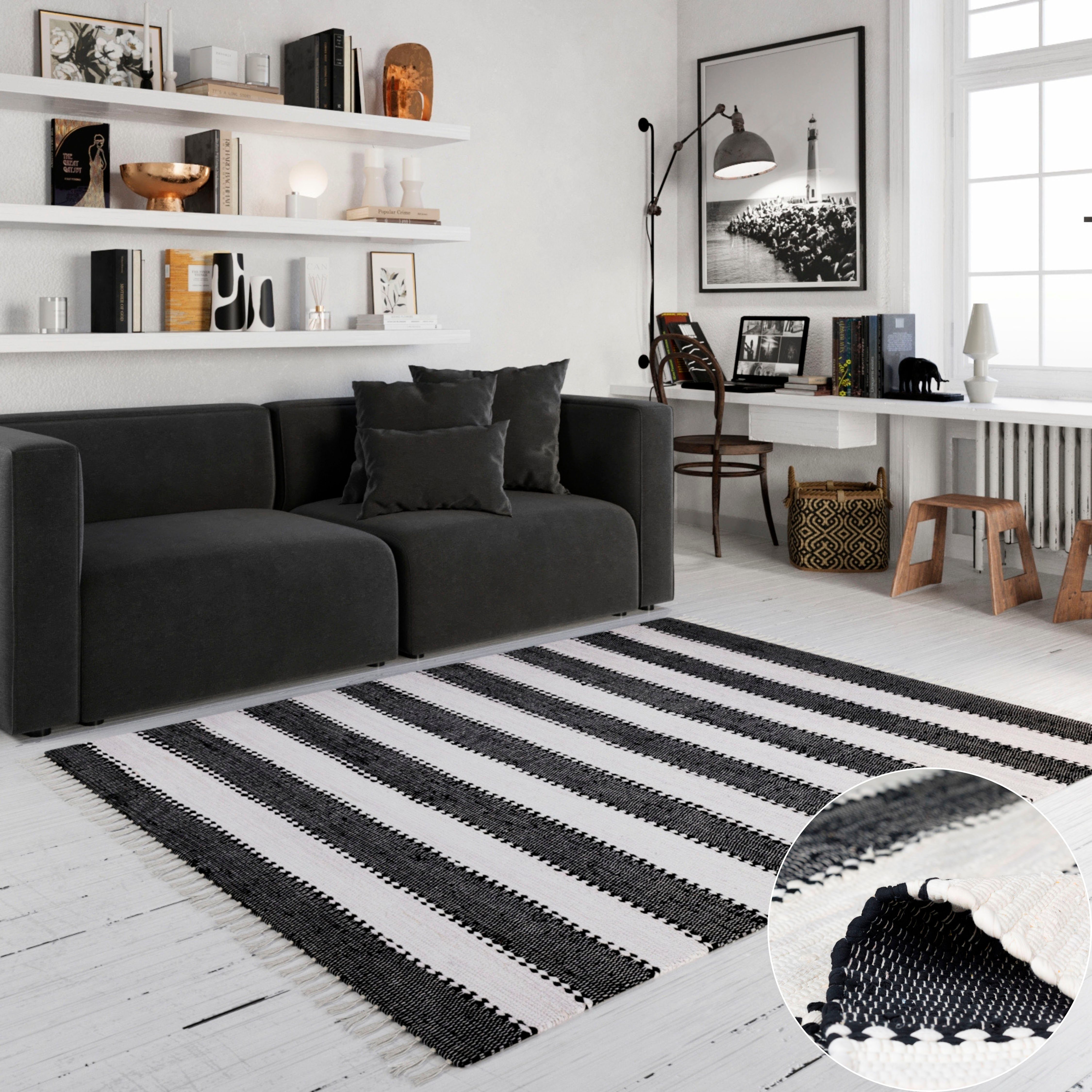 my home Vloerkleed Benja Handgeweven tapijt, gestreept, 90% katoen, handgeweven, met franjes moderne vloerkleden maat 120 cm x 170 cm x 10 mm zwart