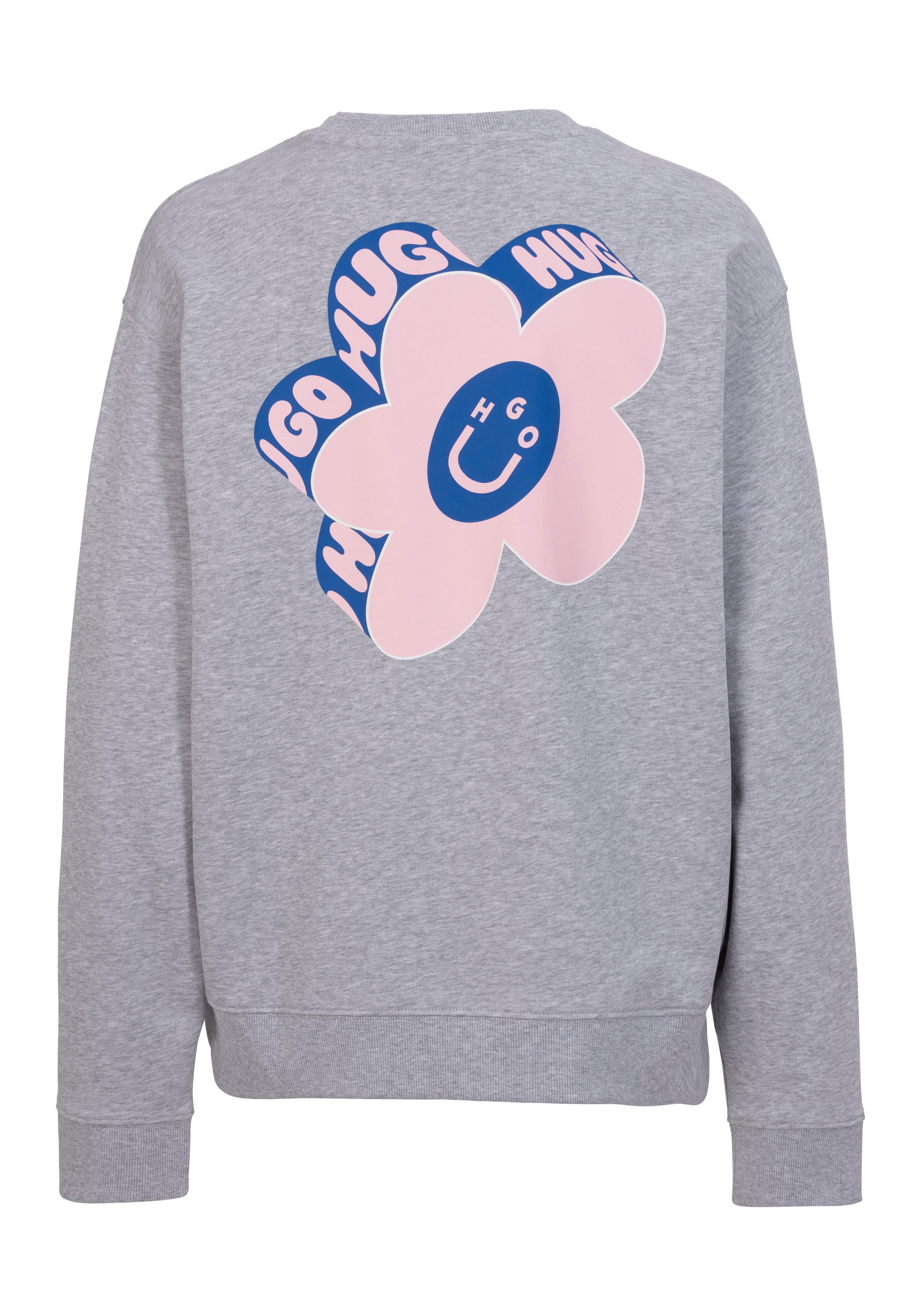 HUGO Blue Sweatshirt Oversized crew met bloemenprint op de achterkant, straß logo print