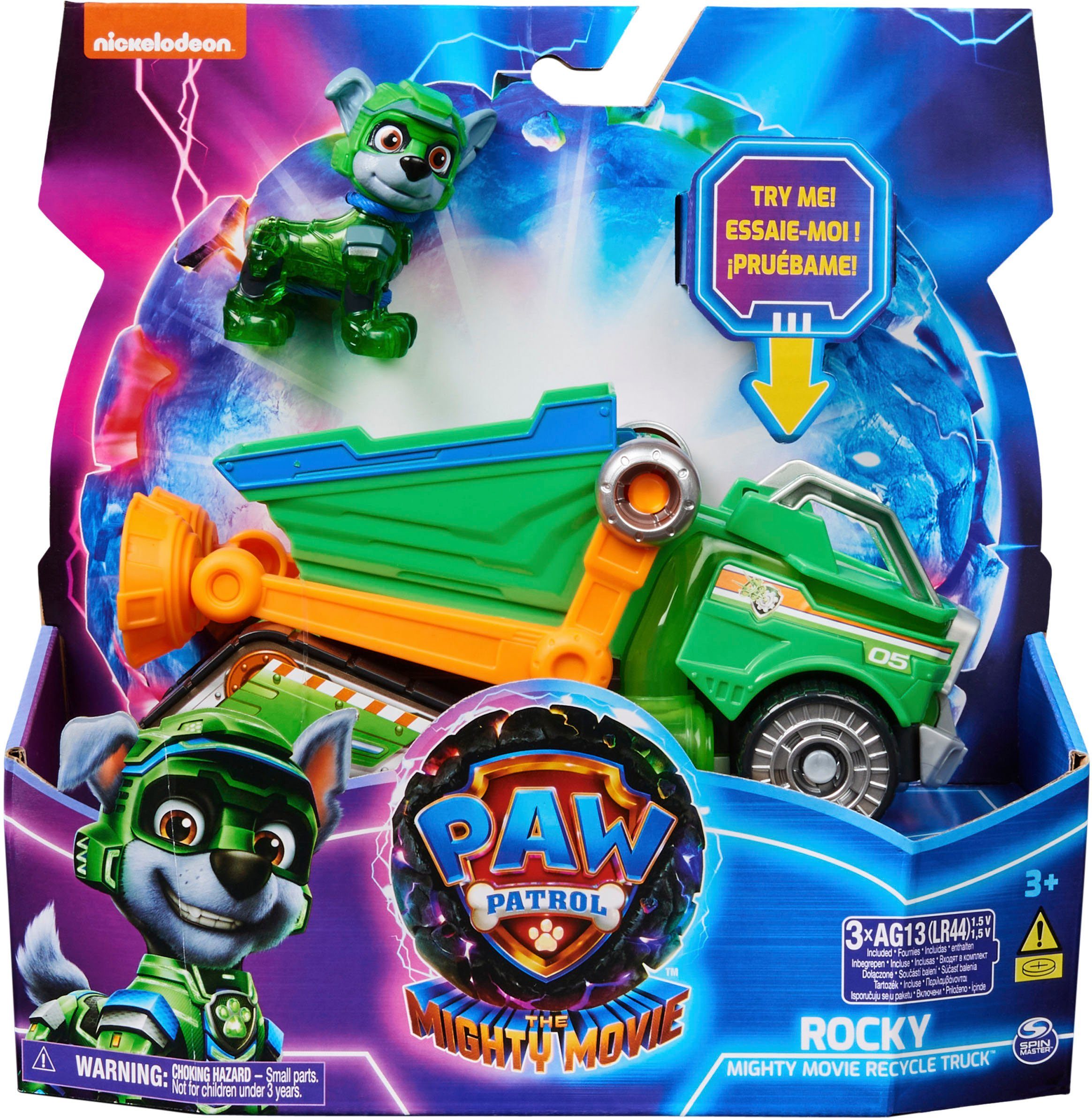 Spin Master Speelgoedauto Paw Patrol - Movie II - Basic Themed Vehicles Rocky Vuilnisauto met puppyfiguur, licht- en geluidseffect