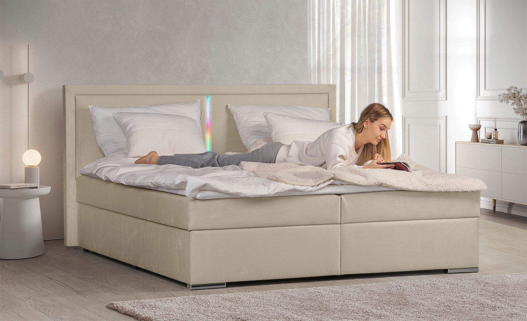 COLLECTION AB Boxspring Athena Incl. LED-verlichting, topper en opbergruimte