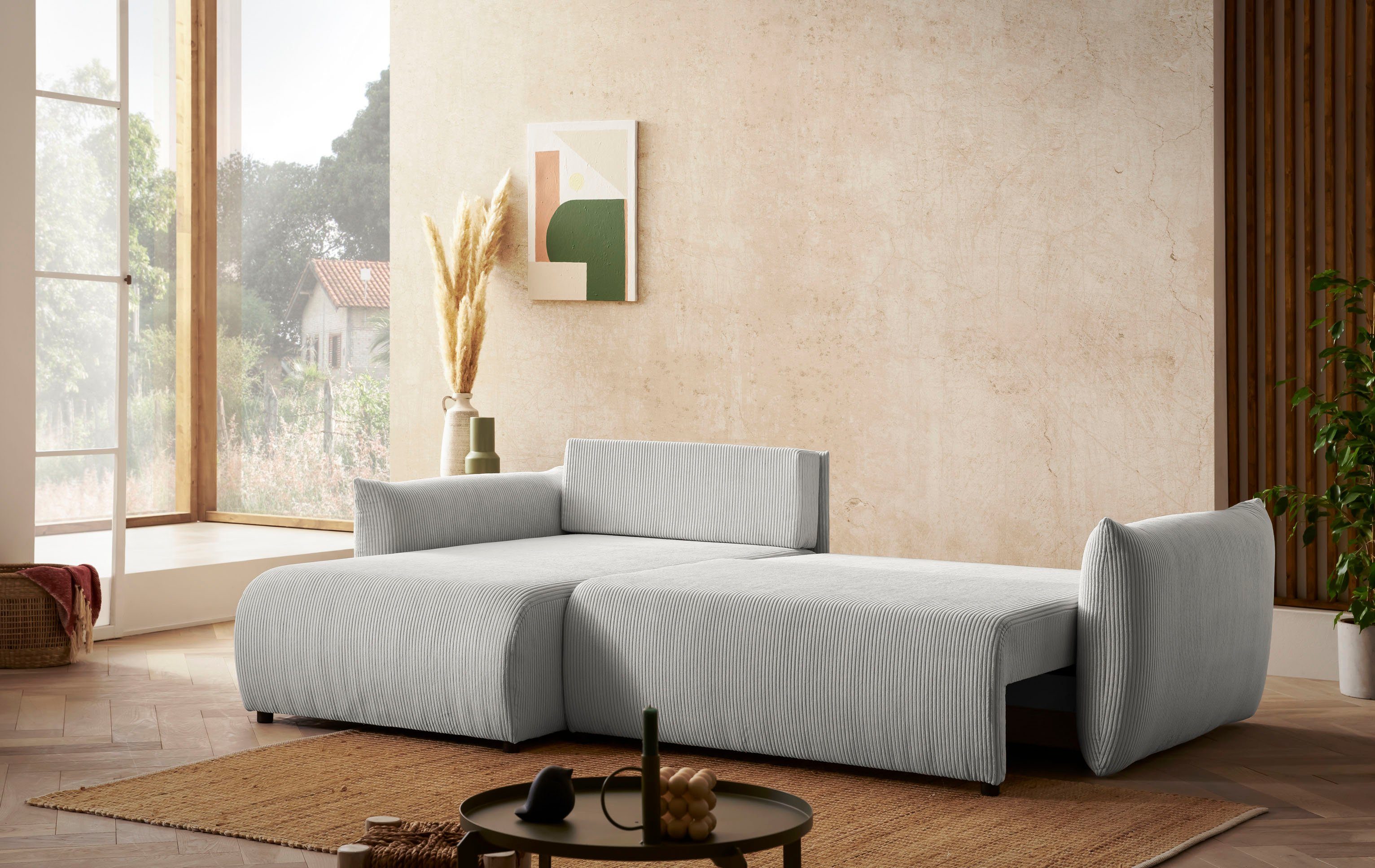 INOSIGN Hoekbank MAVAS bedbank met bedkist, L-model, ca. 257/127 cm (ligoppervlak 212/145 cm), ribfluweel, chenille, structuur