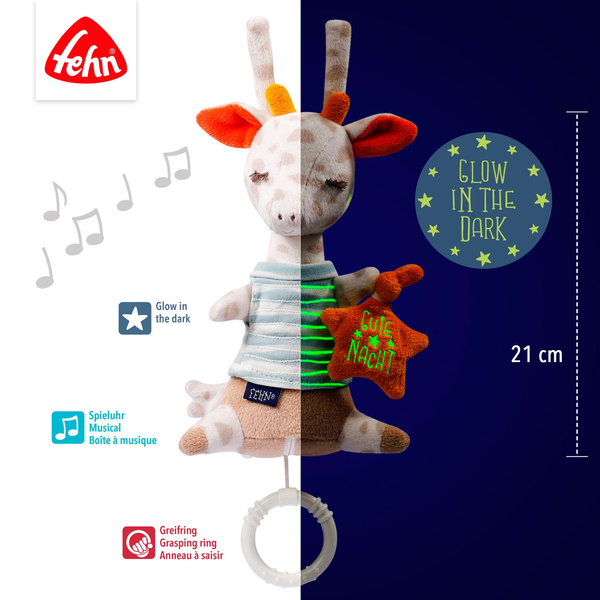 Fehn Speeldoosje Goede Nacht, giraffe met glow-in-the-dark-borduursel
