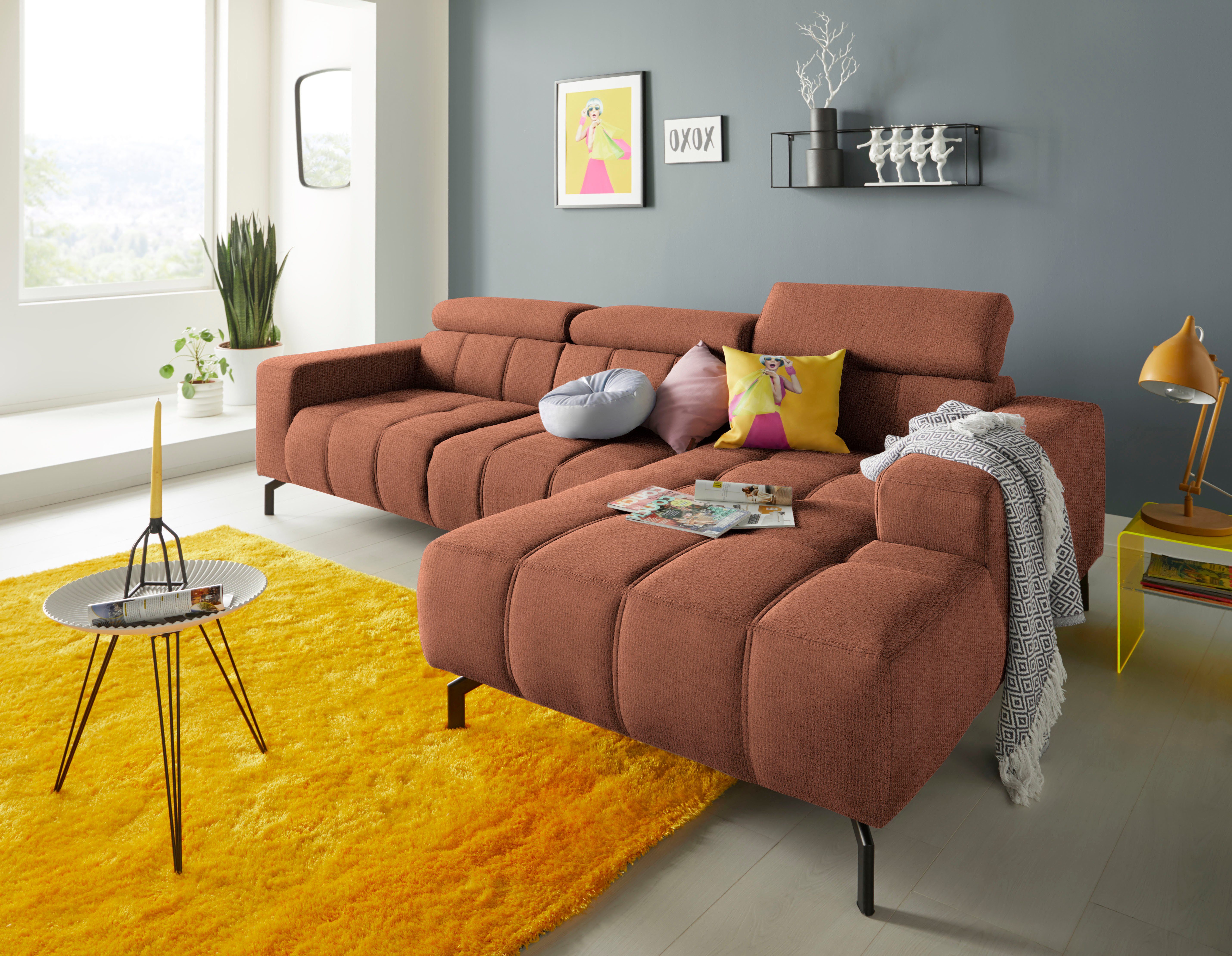 DOMO collection Hoekbank Cunelli mooie zitnaden als designelement, stevige zitcomfort, L-vorm oranje, hoekbanken, Récamier rechts, Met verstelbaar