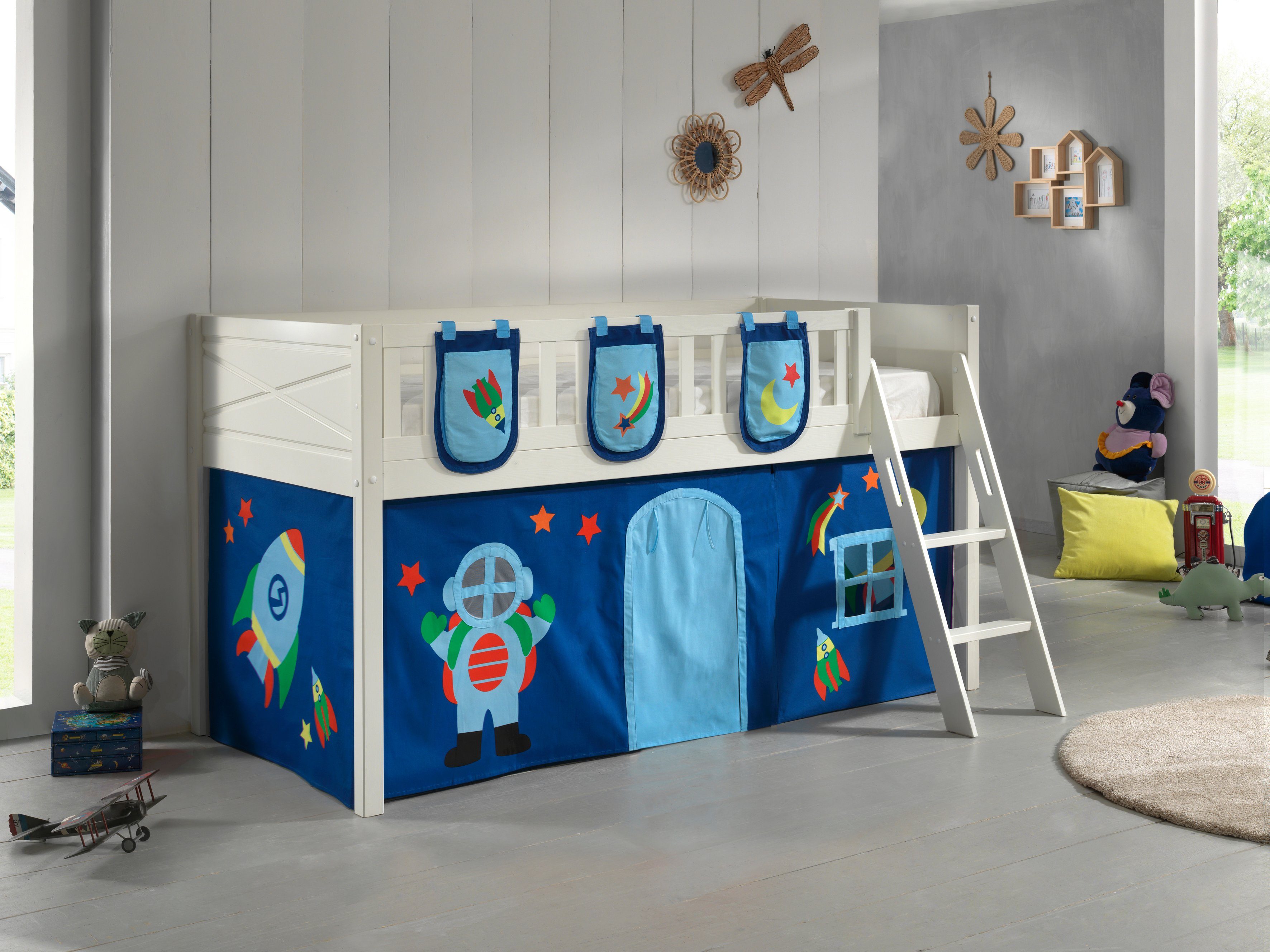 Vipack Hoogslaper Scott met schuine ladder, ligoppervlak 90 x 200 cm, doek, pockets, 4 designs