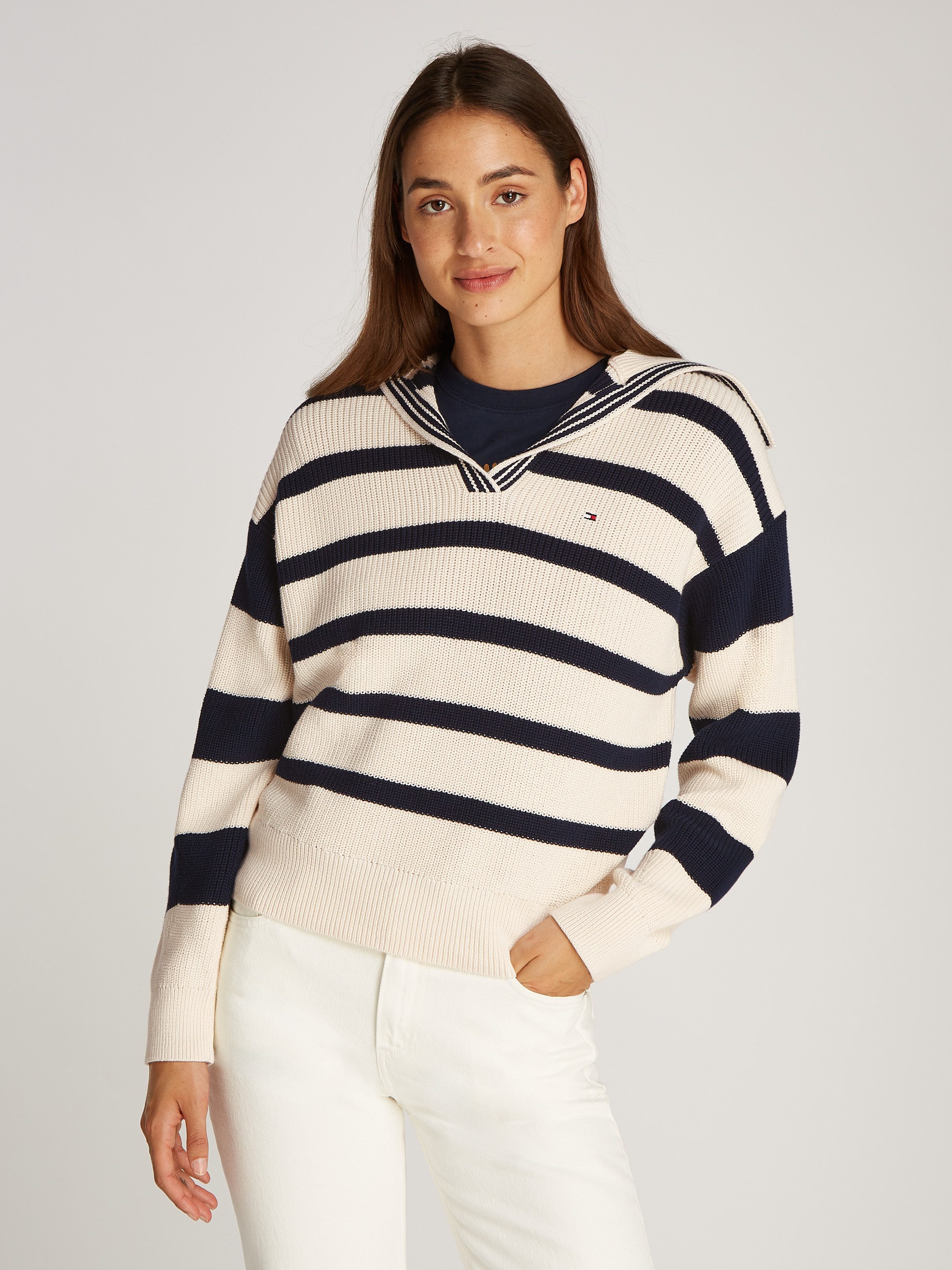 Tommy Hilfiger Trui met polokraag CO CARDI STITCH OPEN POLO SWT LS met parelvangpatroon, polokraag,...