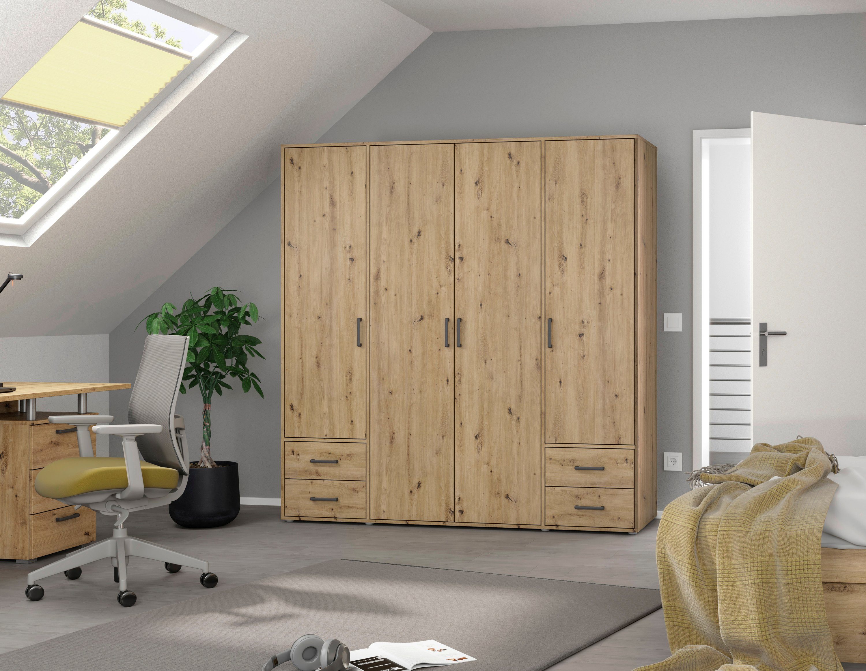 rauch Draaideurkast Kledingkast kast garderobe linnenkast VOYAGER moderne grepen in grijs metallic met buitenlades made in germany