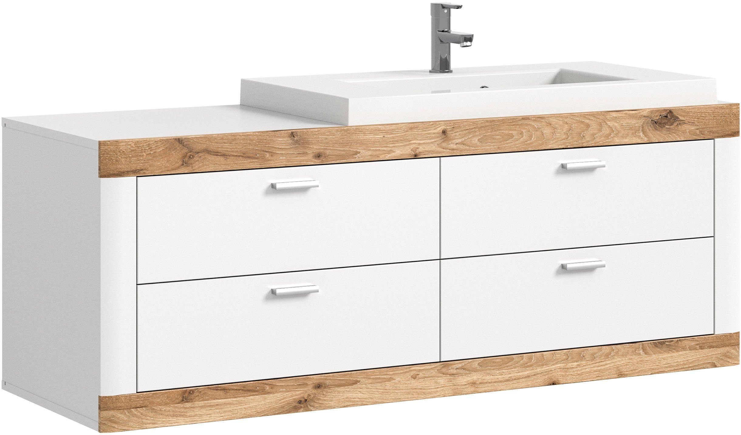 Home affaire Wastafelonderkast Landsby, breedte 133 cm, incl. mineralen gietwasbak, 4 lades (2-delig) wastafelmeubels wit