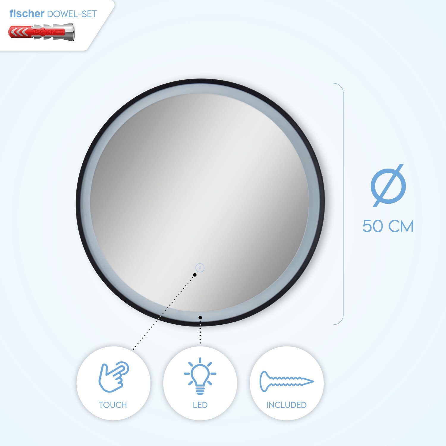 Paco Home Wandlamp YANNI Verlichte spiegel LED achterlicht rond 50cm IP44 touch-zwart