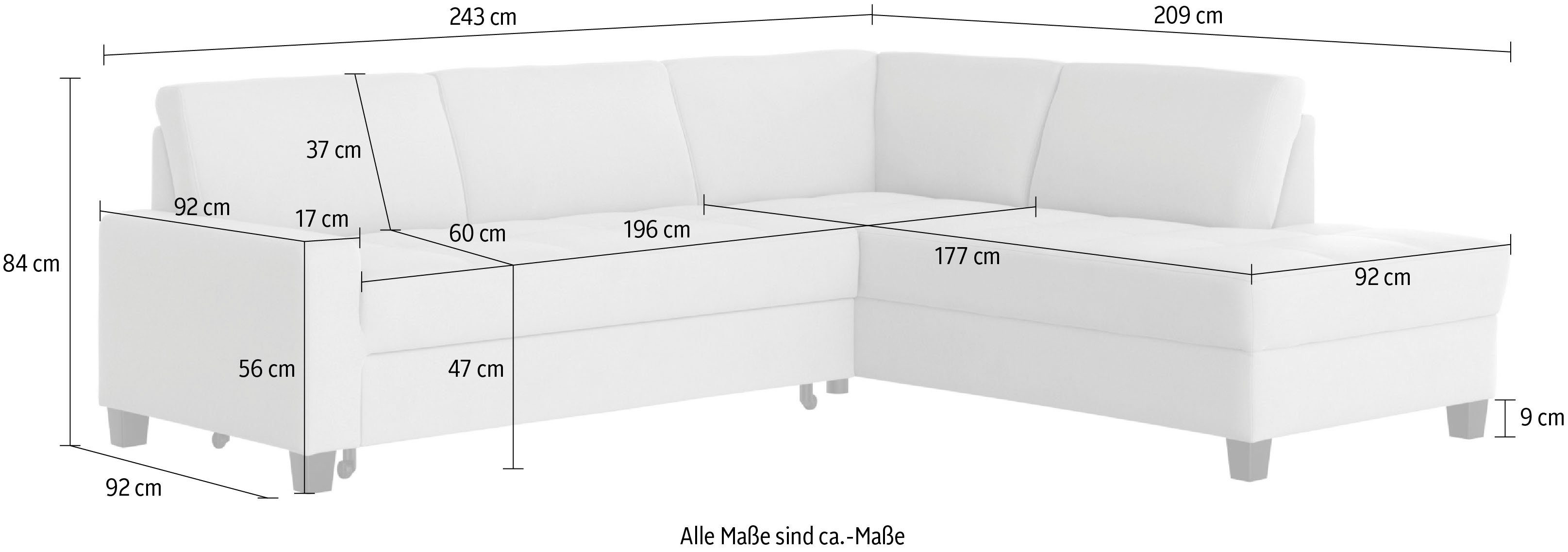 DOMO collection Hoekbank Florentina tijdloos en elegant, zitnaden als designelement, L-vorm keuze met slaapfunctie, met contrastnaad, comfortabele zithoogte 47 cm