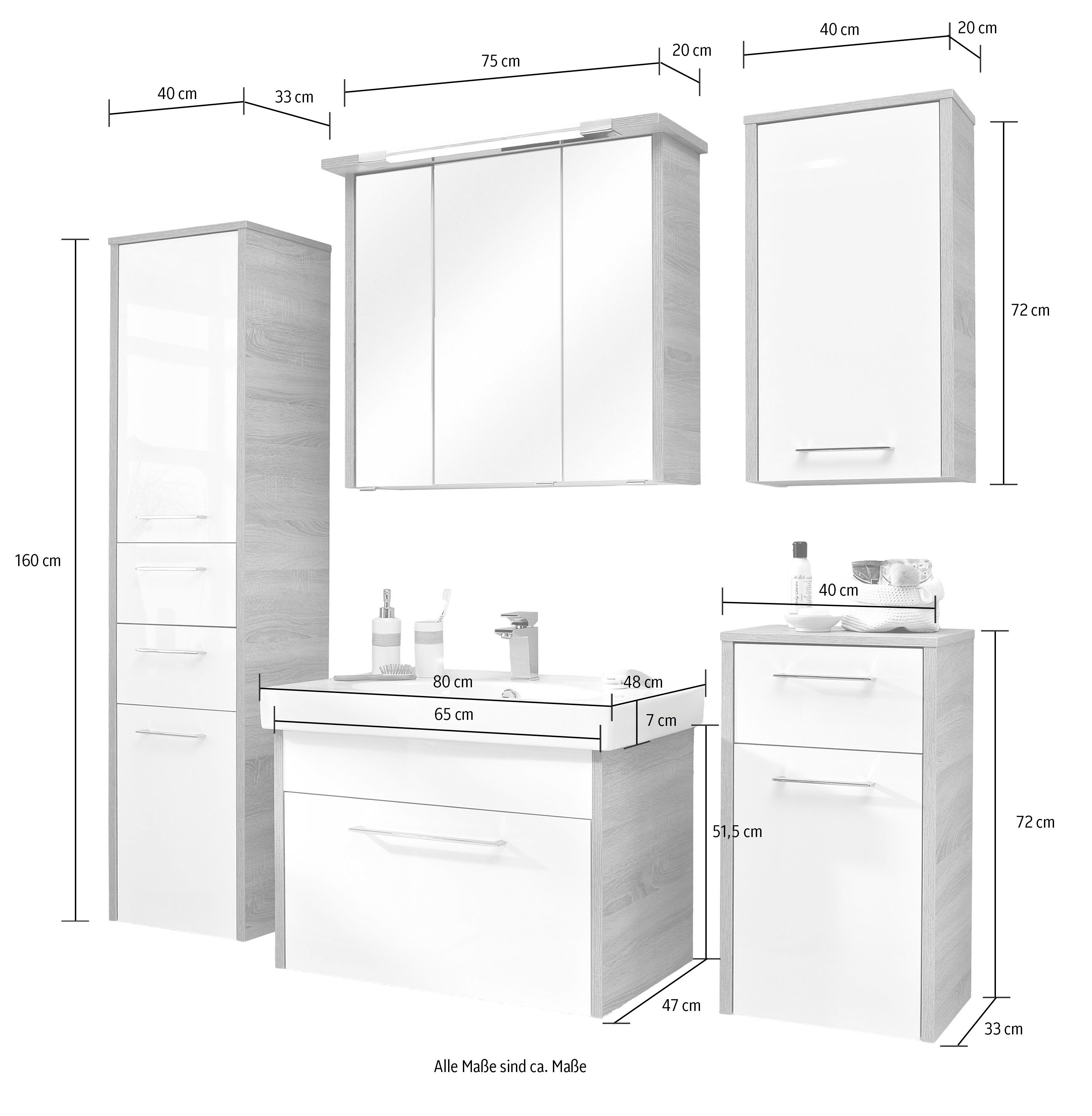 Saphir Badkamerserie Quickset 382 5-delig, keramieken wastafelonderkast met led-spiegelkast Halfhoge kast, onderkast, hangend kastje, inclusief deurdemper, 8 deuren (6-delig)