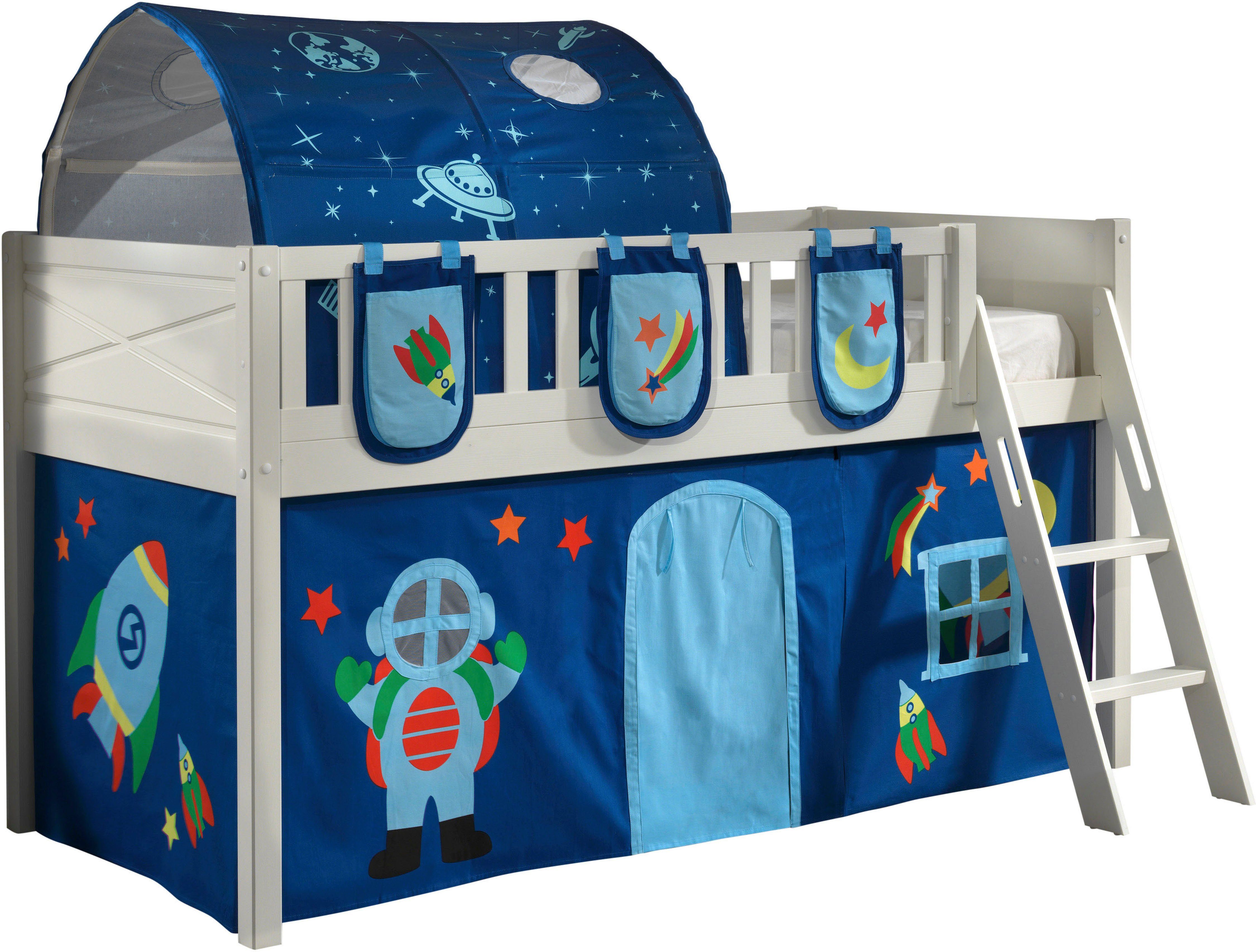 Vipack Hoogslaper Scott met ladder, ligoppervlak 90 x 200 cm, doek, opbergvak, tunnel, 4 designs hoogslapers wit