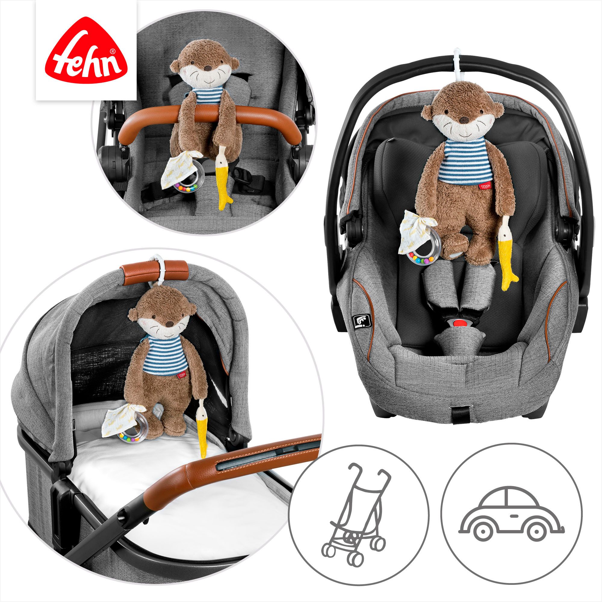 Fehn Grijpspeeltje Otter Theo, activiteit-Otter ter bevestiging aan kinderwagen, babyzitje of bed