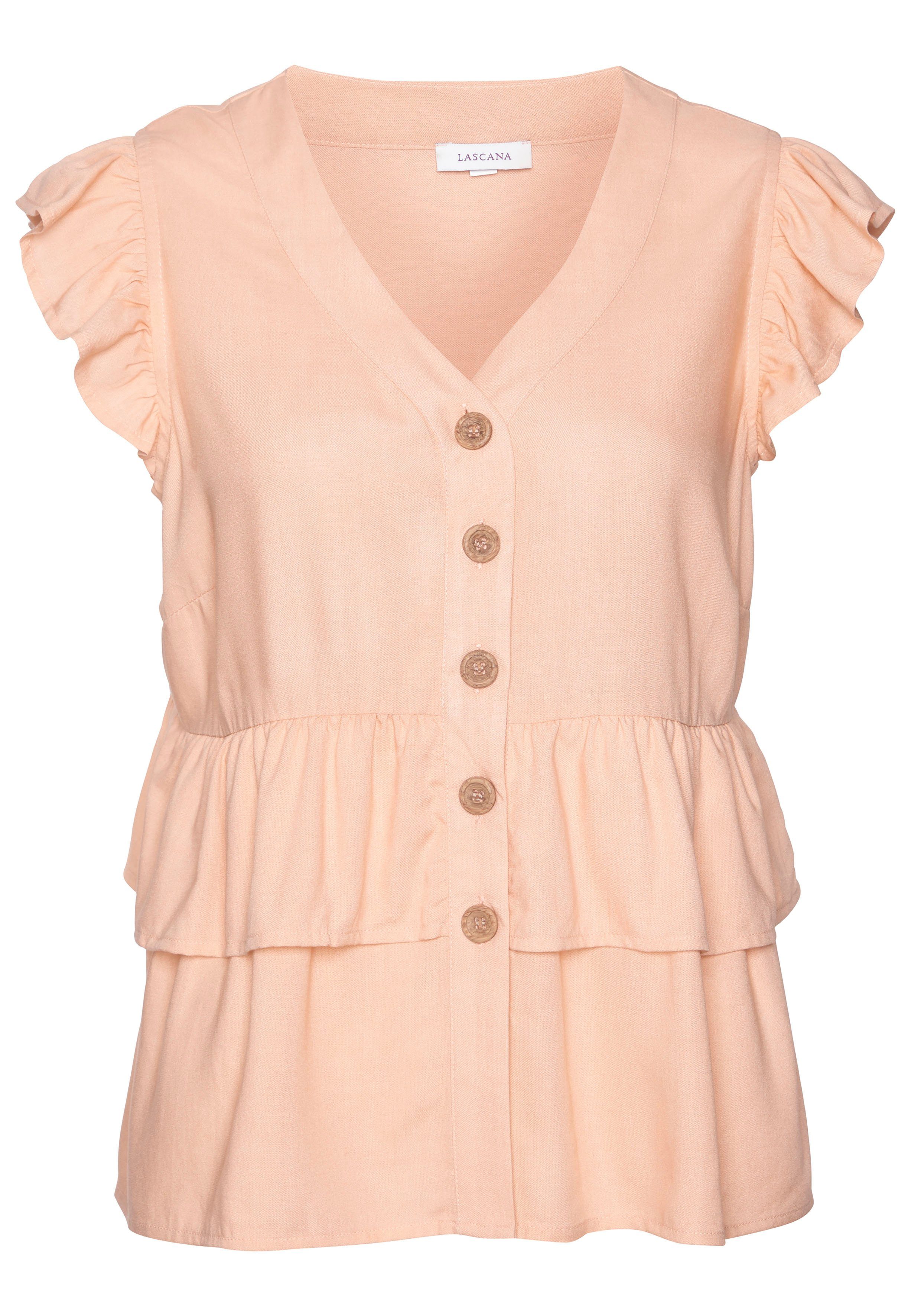 Lascana Blouse met ruches met korte mouwen, zomerse blouse met knoopsluiting en volant