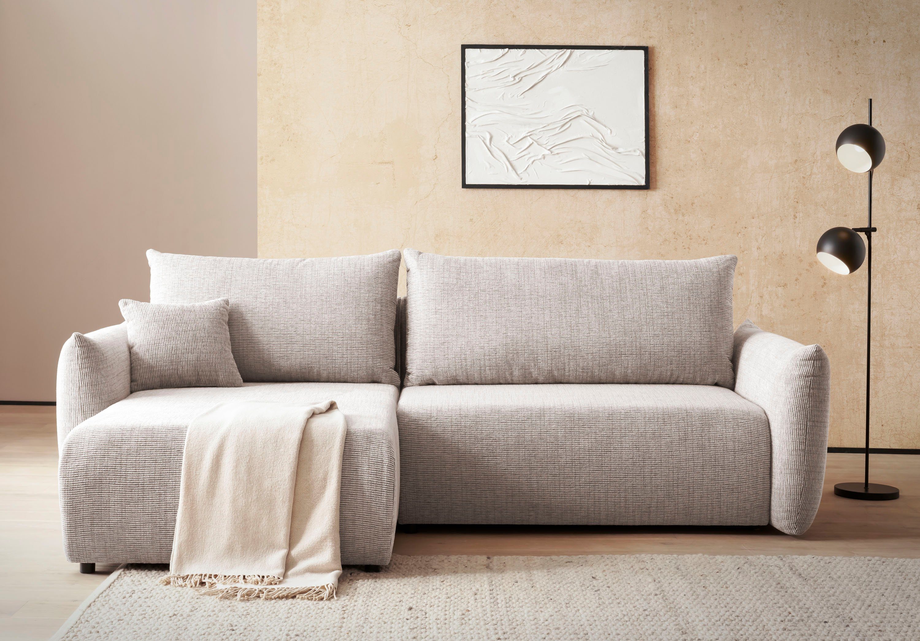 INOSIGN Hoekbank MAVAS bedbank met bedkist, L-model, ca. 257/127 cm (ligoppervlak 212/145 cm), ribfluweel, chenille, structuur