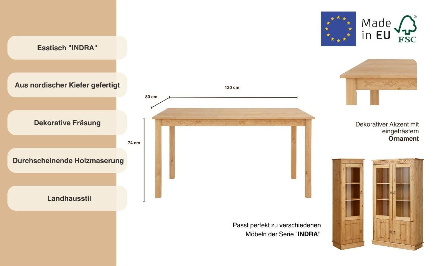 Home affaire Eettafel Indra van massief grenen, naar keuze met of zonder verlenging