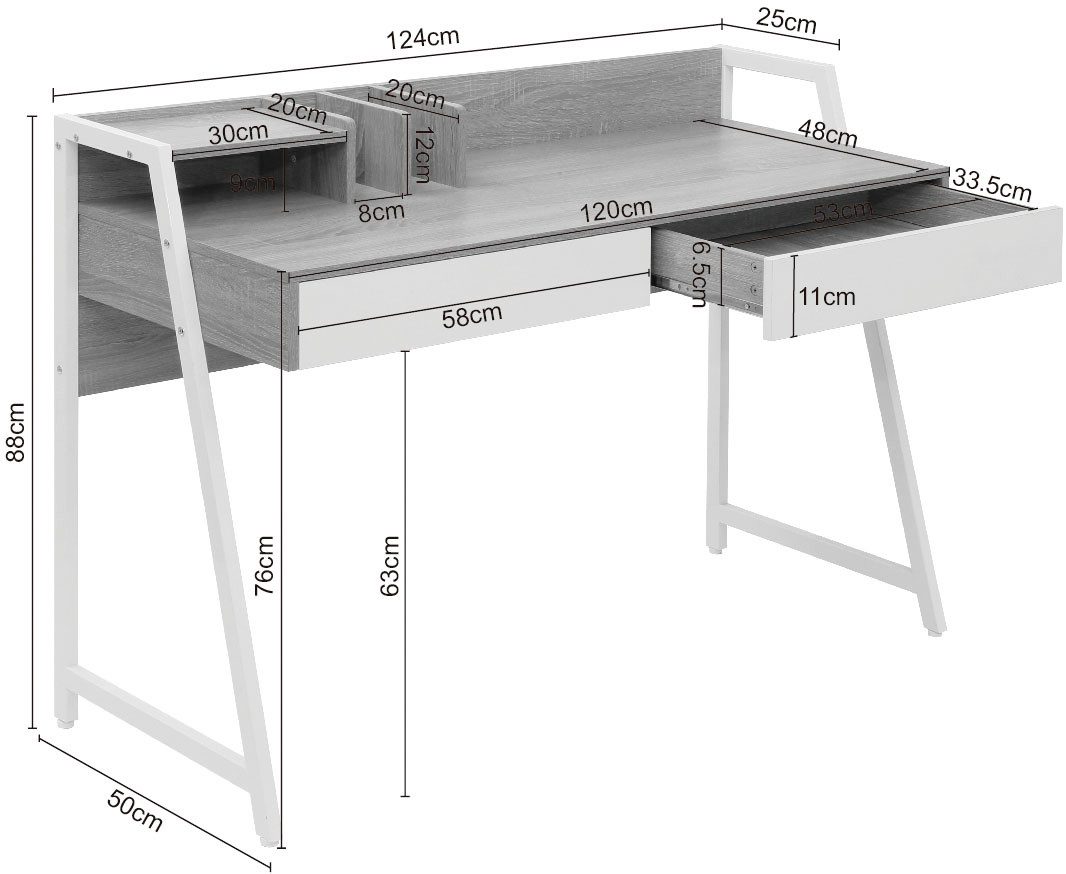Home affaire Bureau COWELL 2 lades, opbergruimte & geïntegreerde boeksteunen, metalen frame