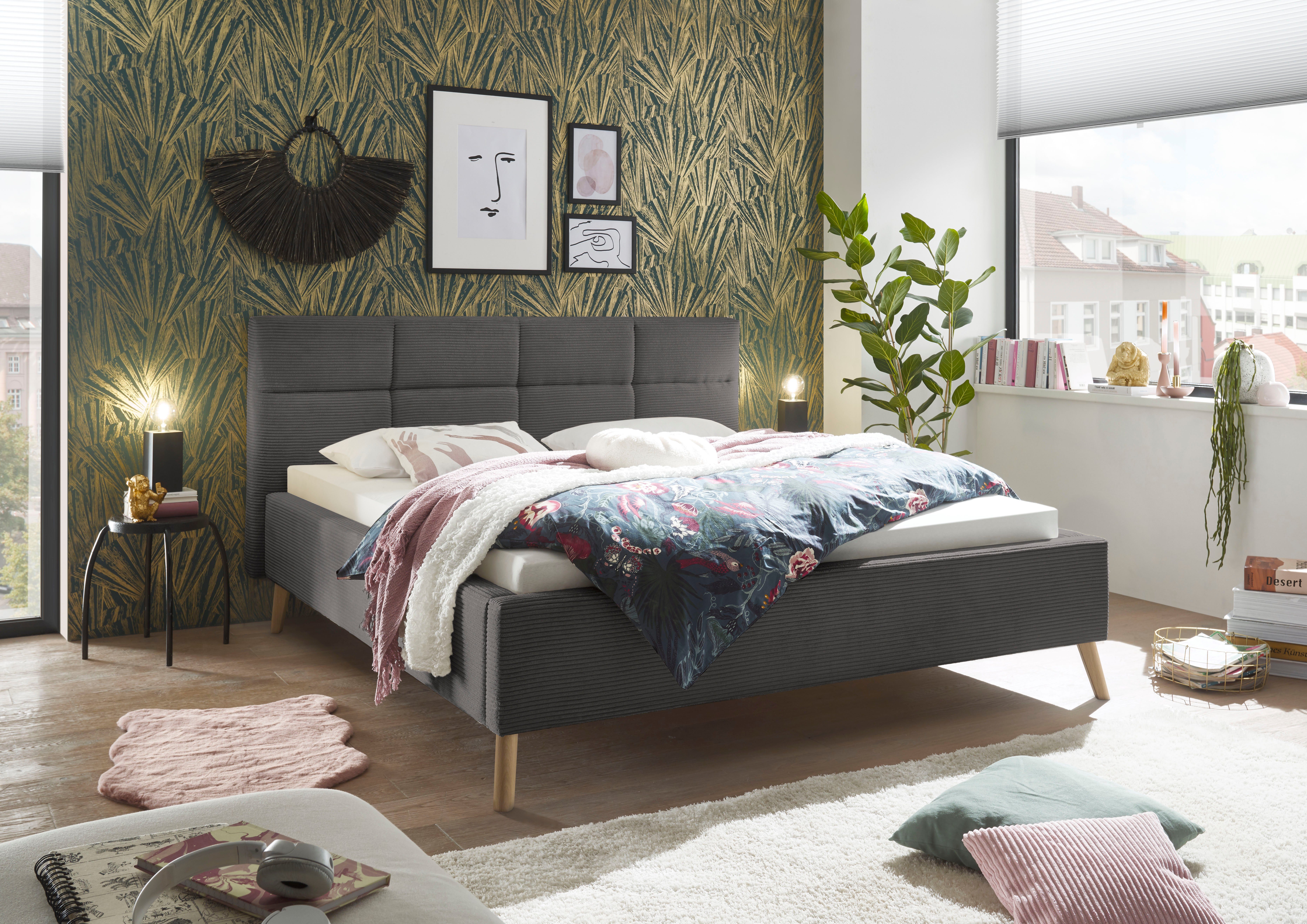 set one by Musterring Gestoffeerd bed Cary naar keuze met matras en lattenbodem, poten in natuurlijk eiken bedden grijs