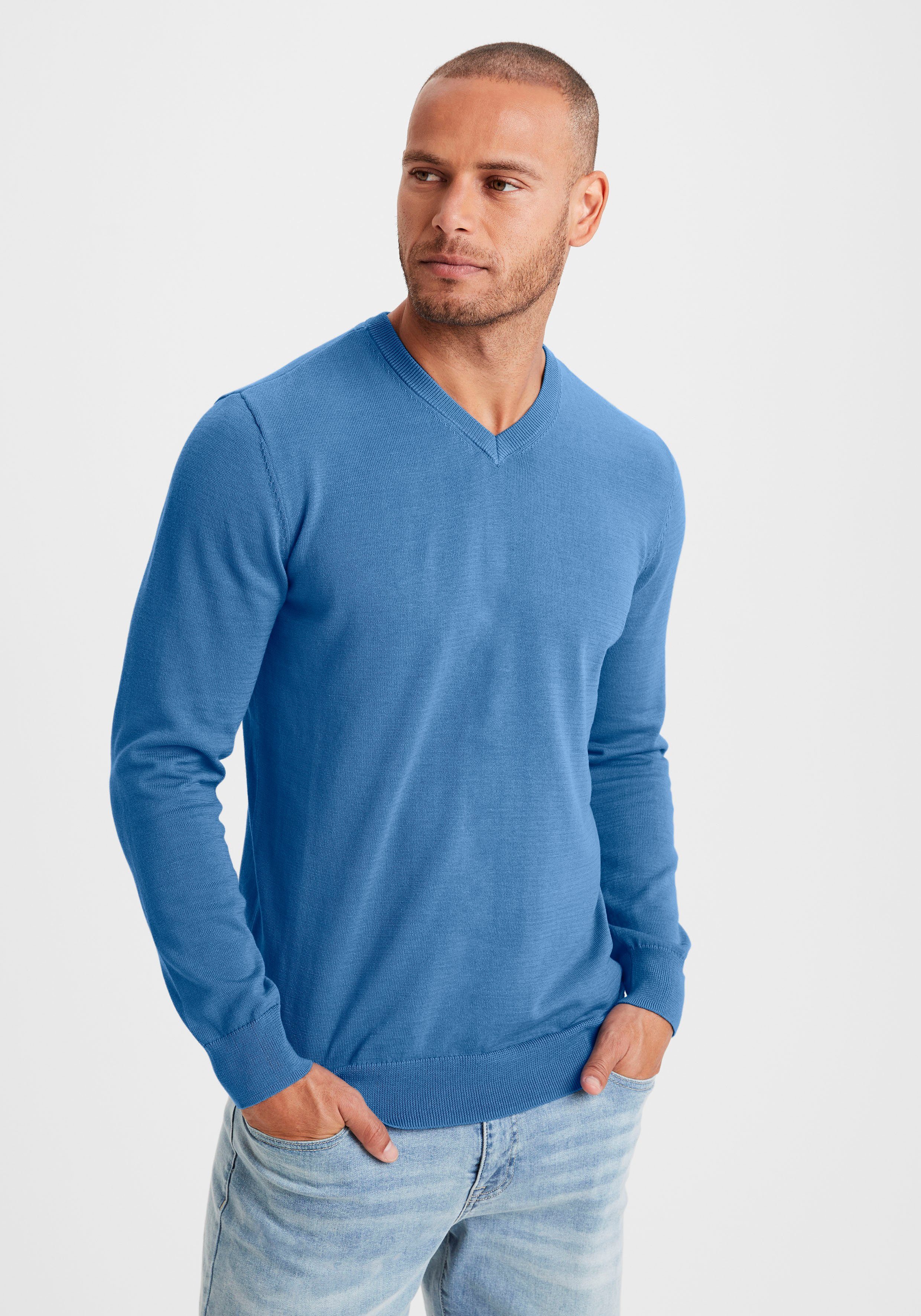 H.I.S Gebreide trui met v-hals, pullover van fijn breiwerk, katoenmix