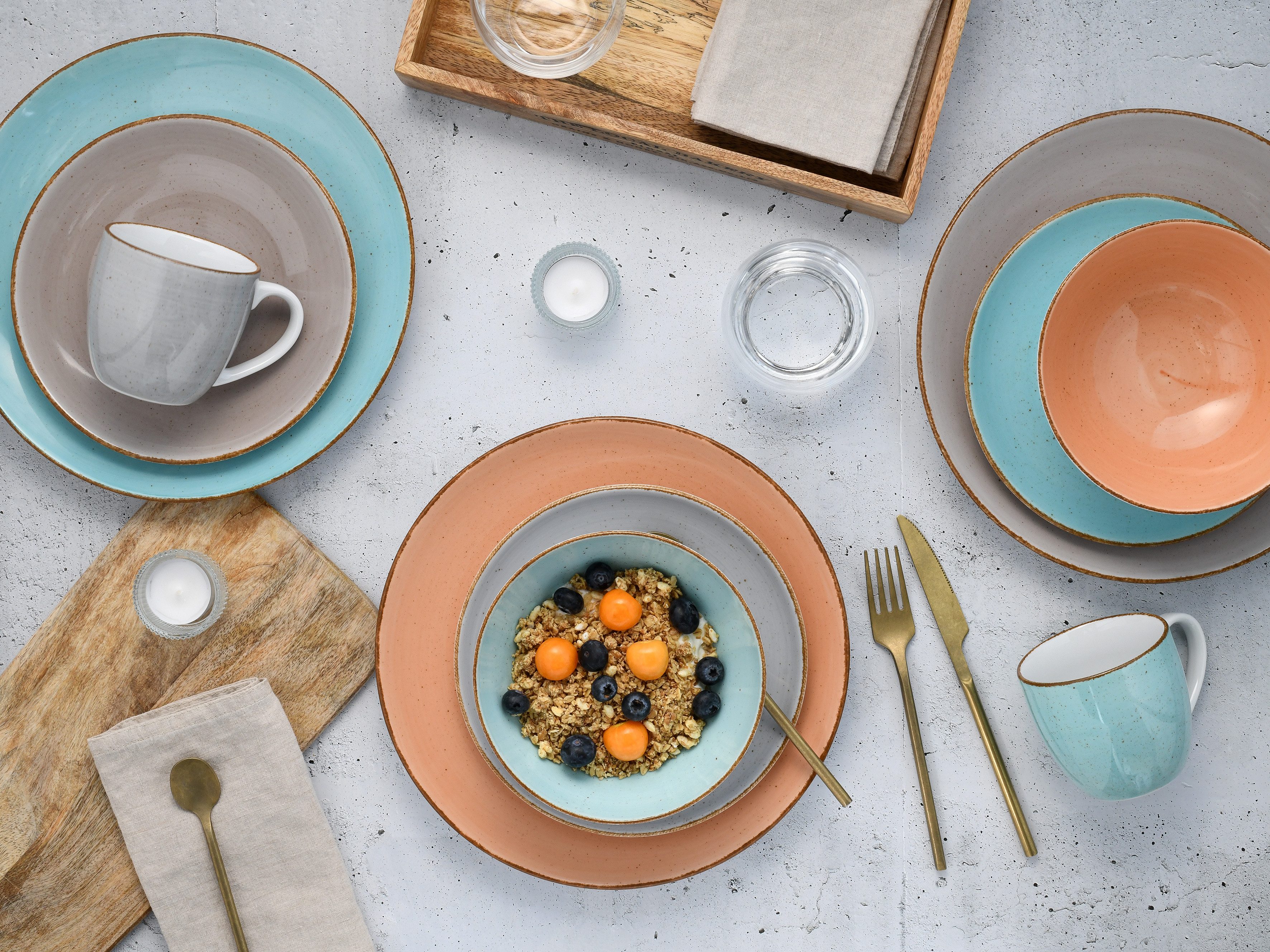 CreaTable Combi-servies Servies-set VINTAGE NATURE Servies, met de hand geschilderd, gespikkeld, 16 delen, voor 4 personen (set, 16-delig)