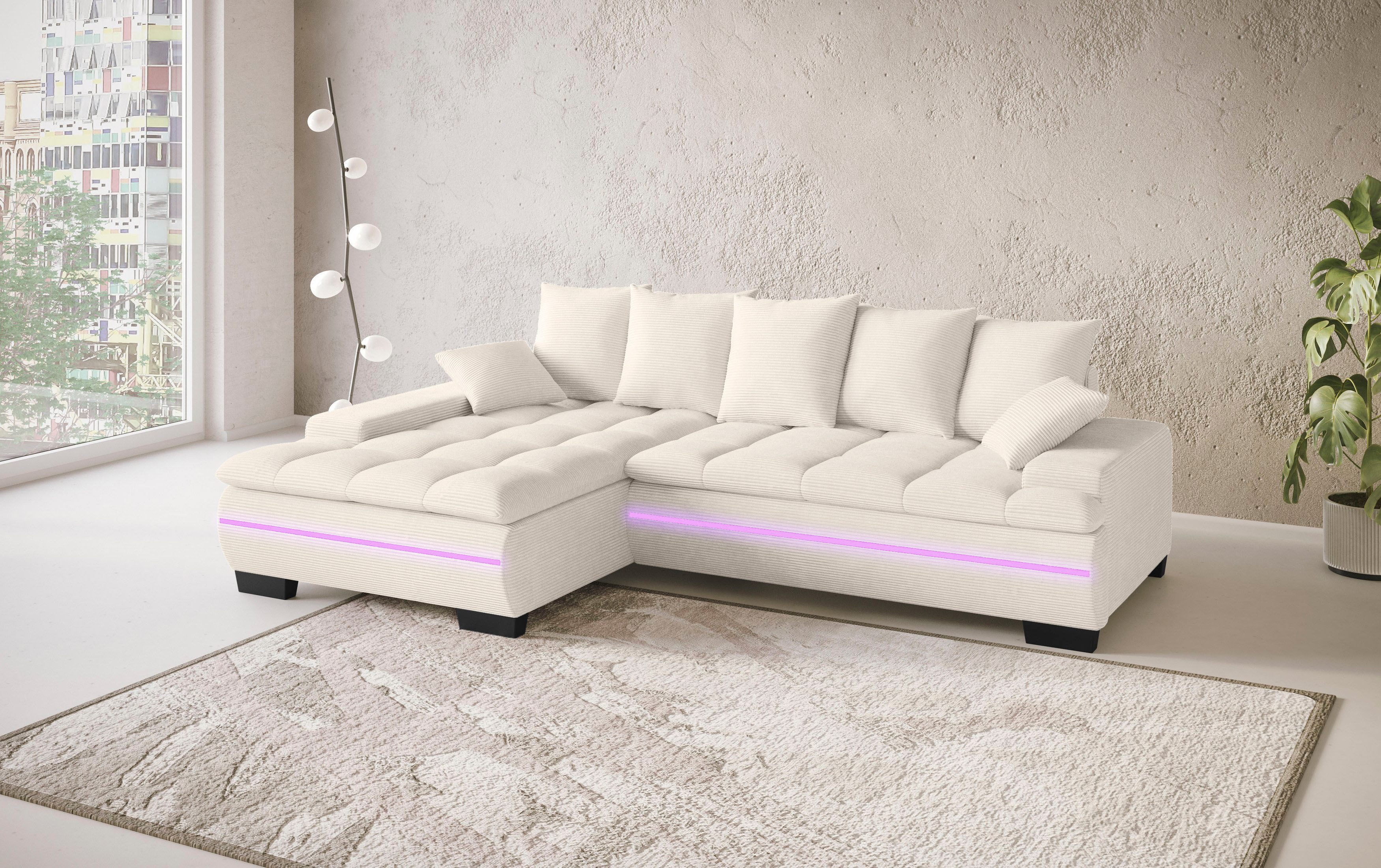 Mr. Couch Hoekbank Haiti II, L-vorm RGB-LED verlichting, optioneel met koudschuim, bed, bedlade