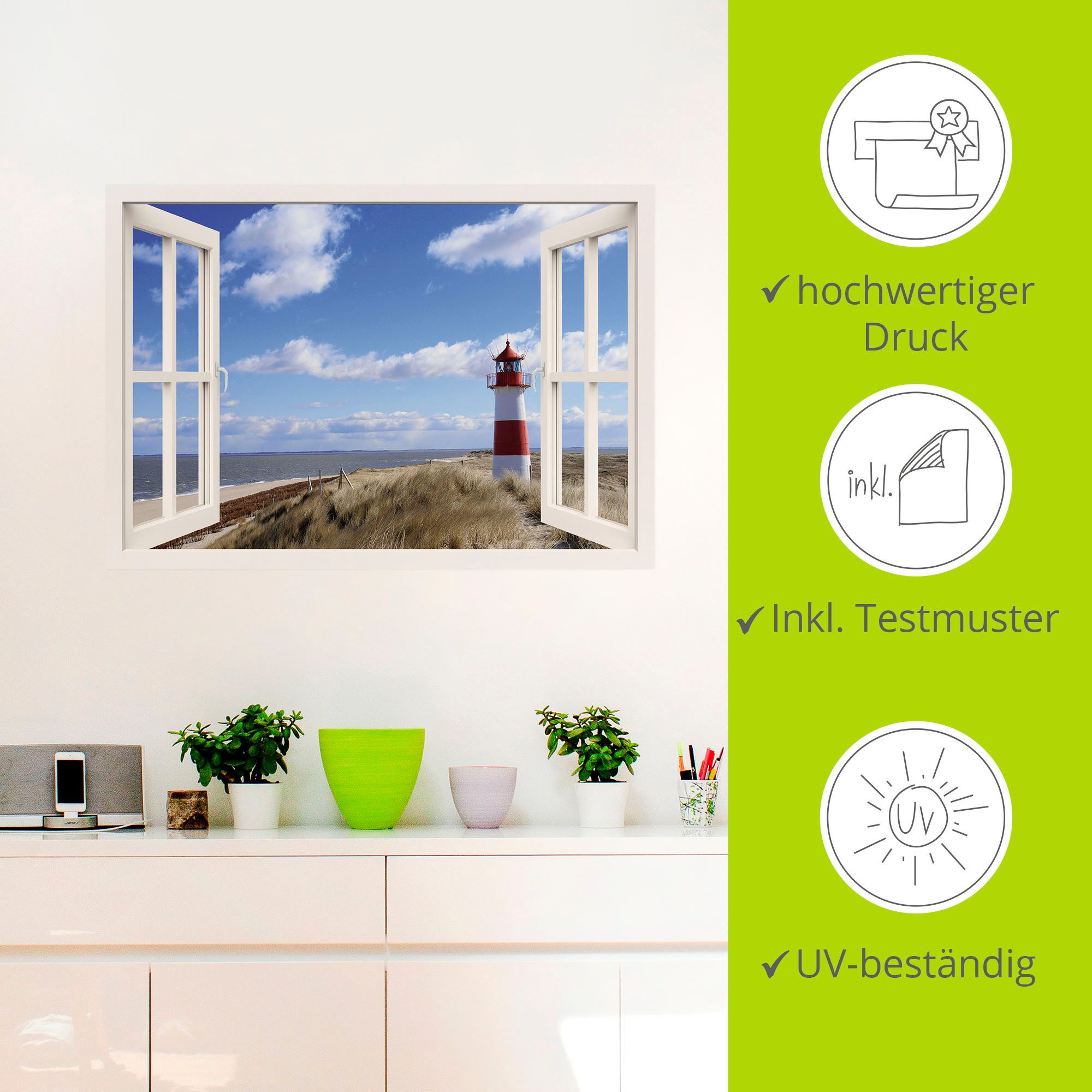 Artland Artprint Blik uit het venster - vuurtoren Sylt als artprint op linnen, poster, muursticker in verschillende maten