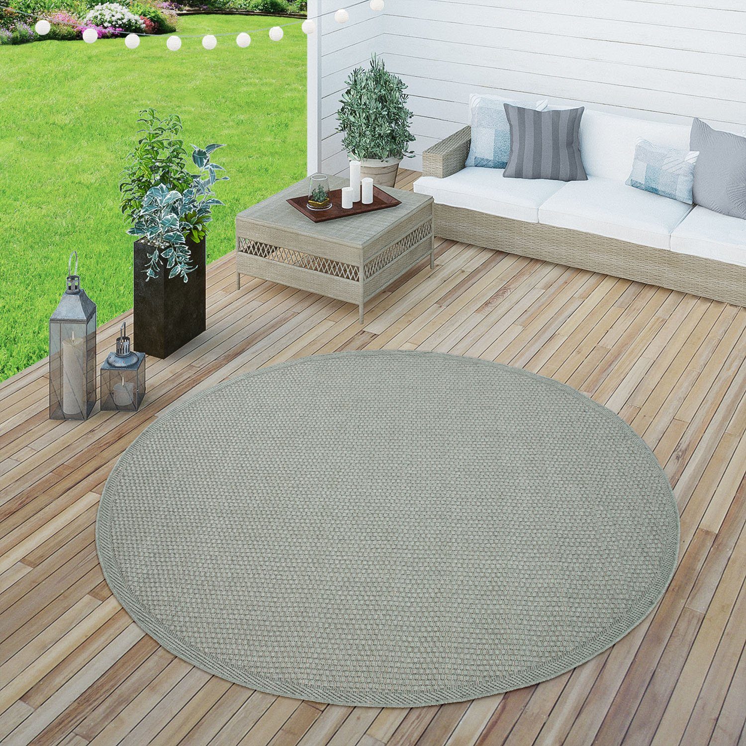Paco Home Vloerkleed Timber 125 Platweefsel, sisal look, geschikt voor binnen en buiten, woonkamer moderne vloerkleden maat Ø 160 cm x 4 mm groen