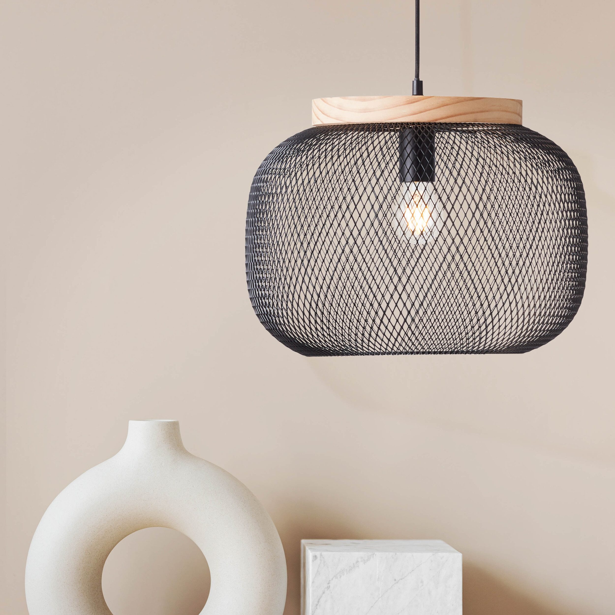Brilliant Leuchten Hanglamp Giada Hanglamp, 40 cm, E27, inkortbaar, metaal/hout (1 stuk)