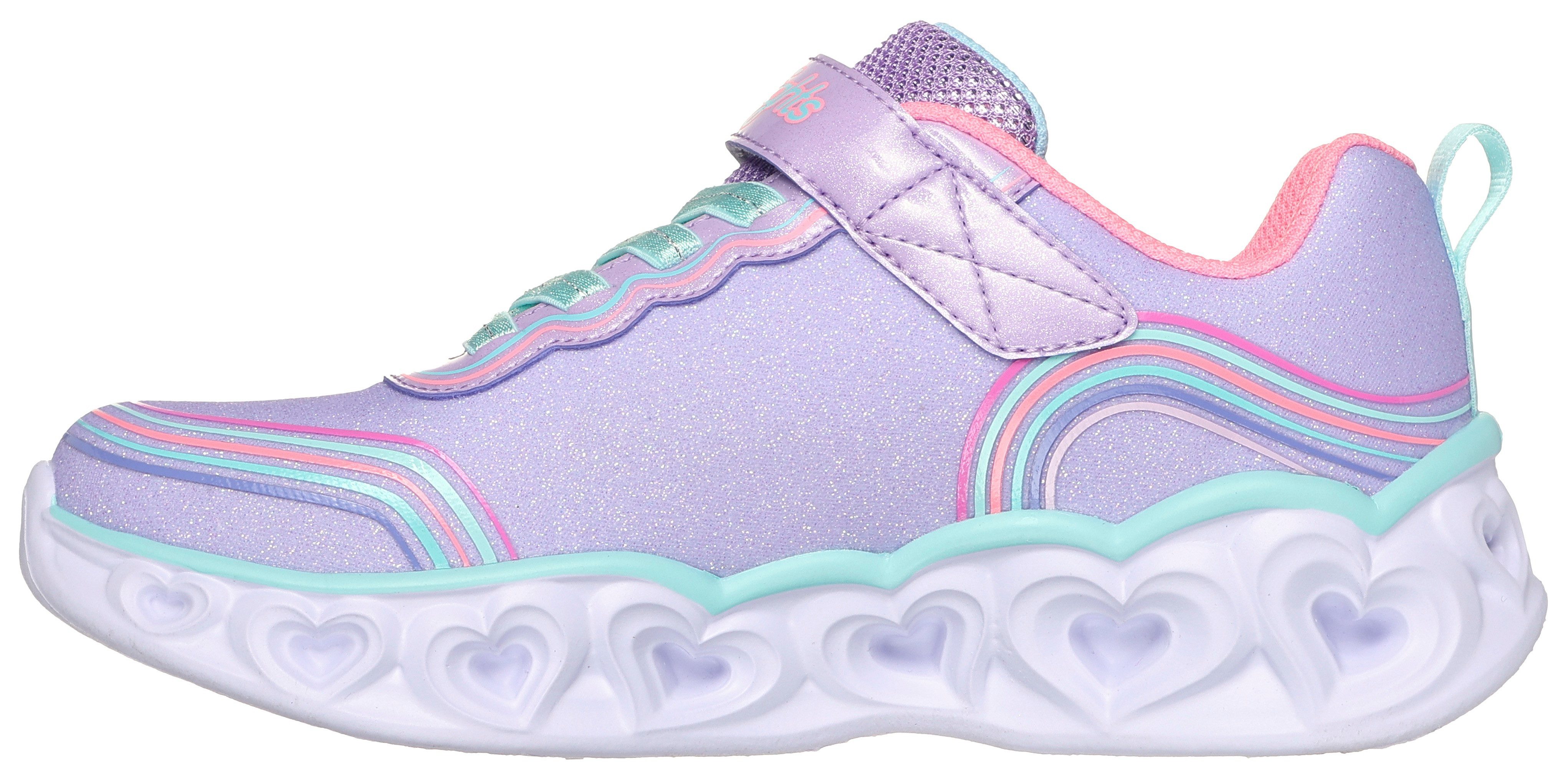 Skechers Sneakers HEART LIGHTS Vrijetijdsschoen, klittenbandschoen, blink schoen met kleurrijke regenboog stiksel