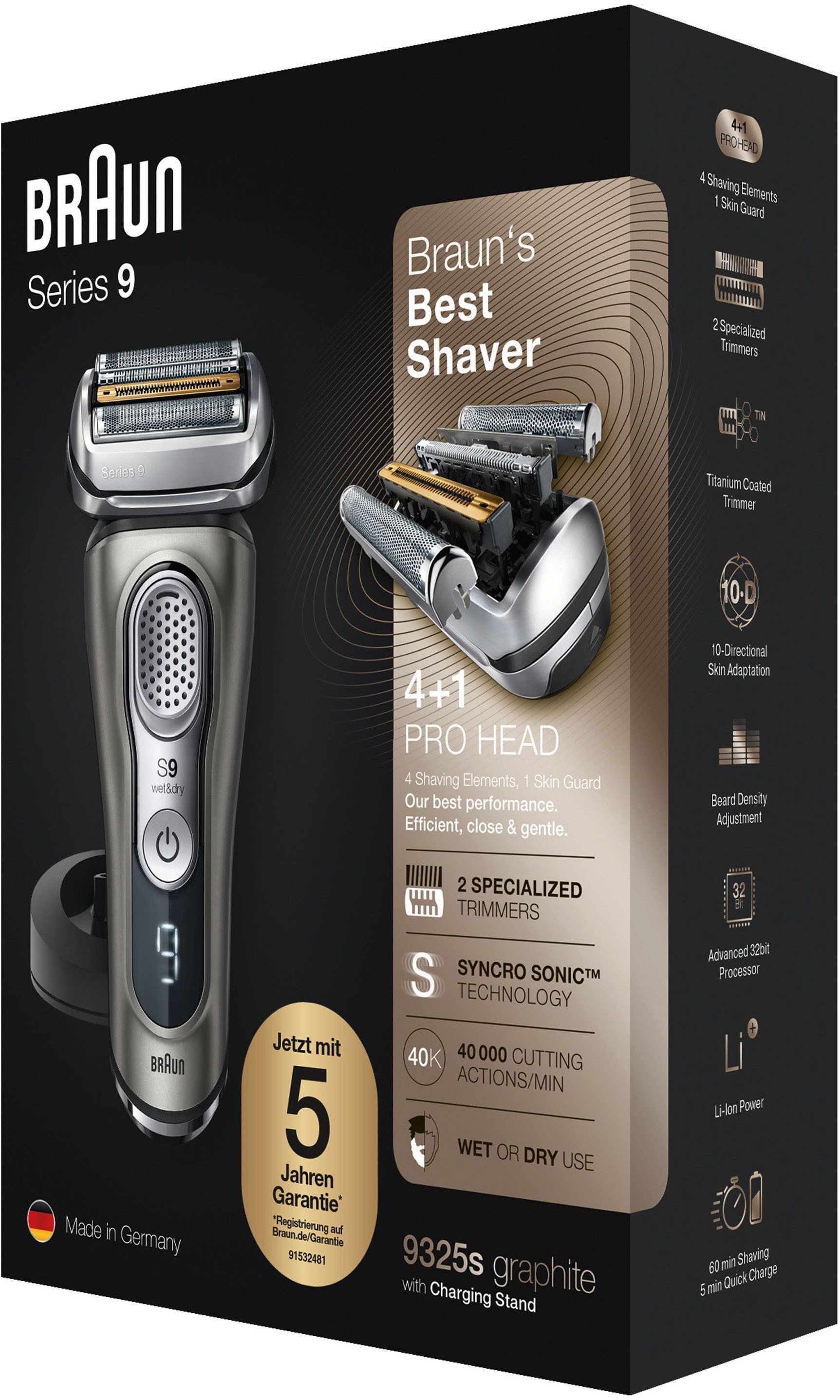 Braun Elektrisch scheerapparaat Series 9 9 9325s Wet&Dry, stoffen etui