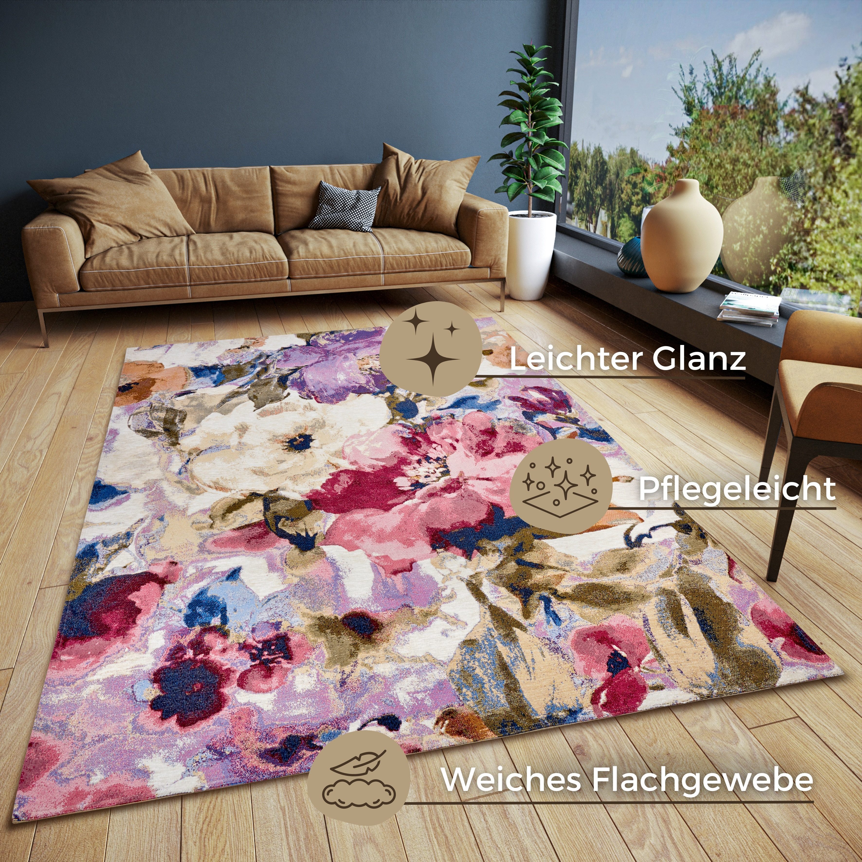 HANSE Home Vloerkleed Atika Bloemig, kortpolig, onderhoudsvriendelijk, antislip, glanzend, woonkamer