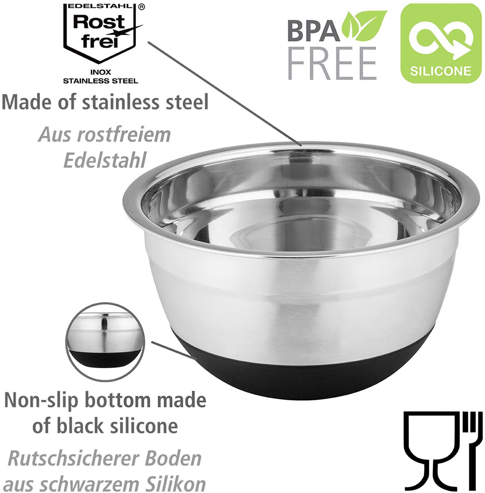 WENKO Serveerschaal Modell Aru 3 roestvrijstalen kommen met antislip bodem & siliconen deksel in 6 maten (set, 9-delig)