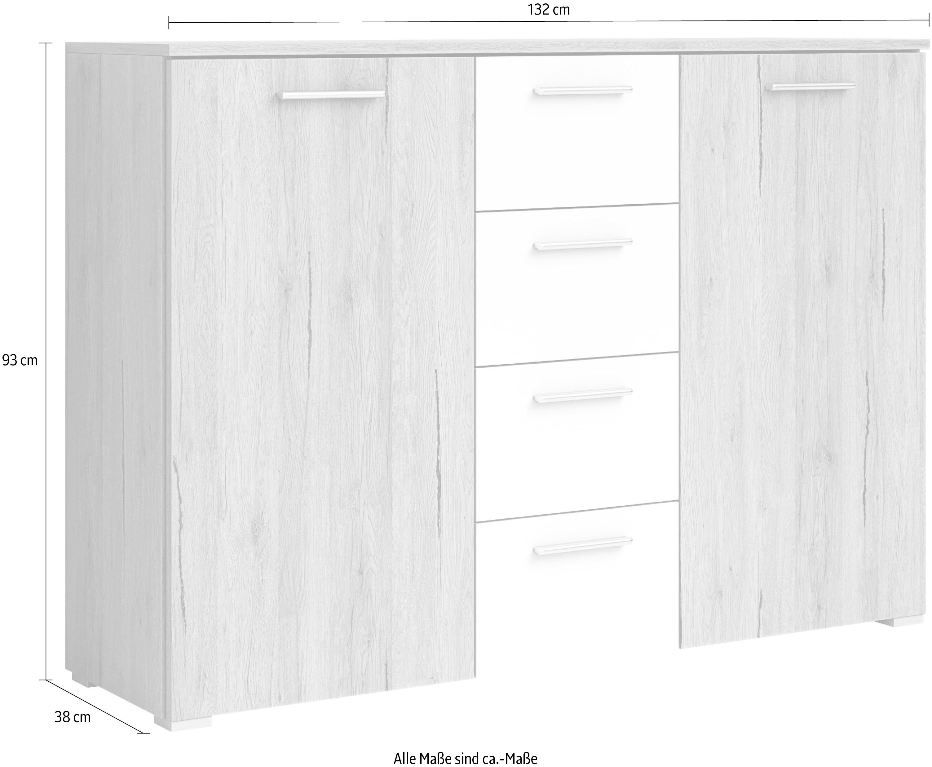INOSIGN Kast met laden en deuren Beta breedte 132 cm, tijdloze ladekast, dressoir Dressoir, veel bergruimte, 2-deurs 4 laden, 132x38x93cm